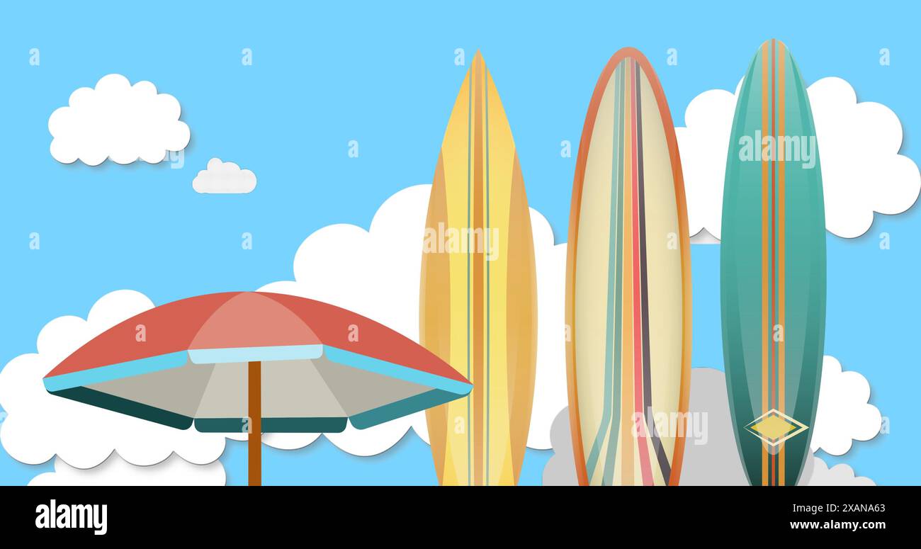 Immagine di ombrello e tavole da surf sul cielo con nuvole in movimento Foto Stock