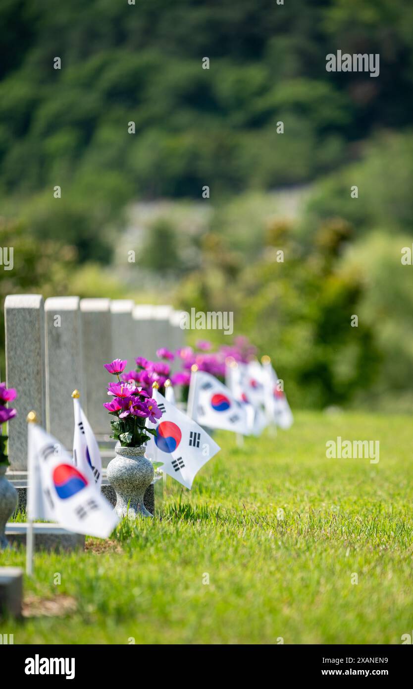 Un paesaggio con una lapide e una bandiera coreana su un prato verde Foto Stock