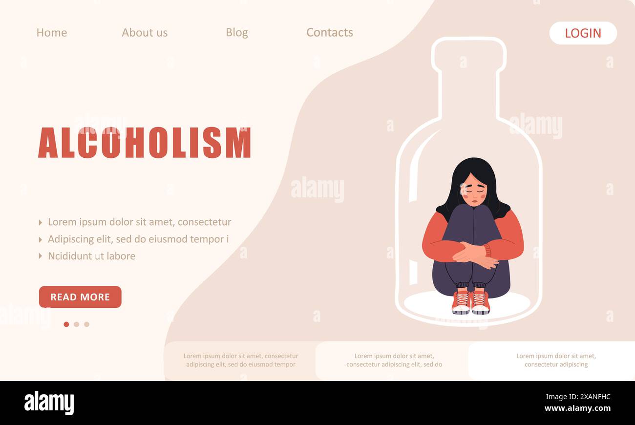 Concetto di alcolismo. Modello di landing page. Donna araba depressa seduta sul fondo della bottiglia. Ragazza con abuso di sostanze. Illustrazione vettoriale piatta Illustrazione Vettoriale