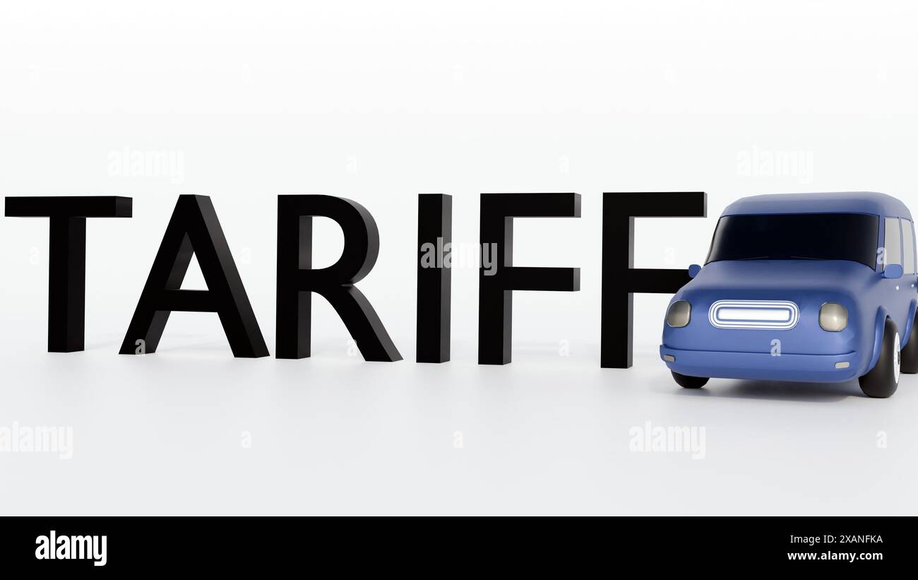 rendering 3d di un'auto con la parola tariffa sullo sfondo isolato. Nozione di imposte o dazi sulle merci importate. Foto Stock