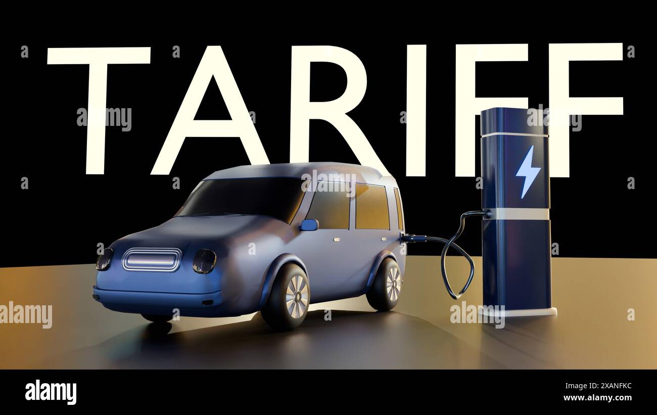 rendering 3d di un'auto con la parola tariffa sullo sfondo isolato. Nozione di imposte o dazi sulle merci importate. Foto Stock
