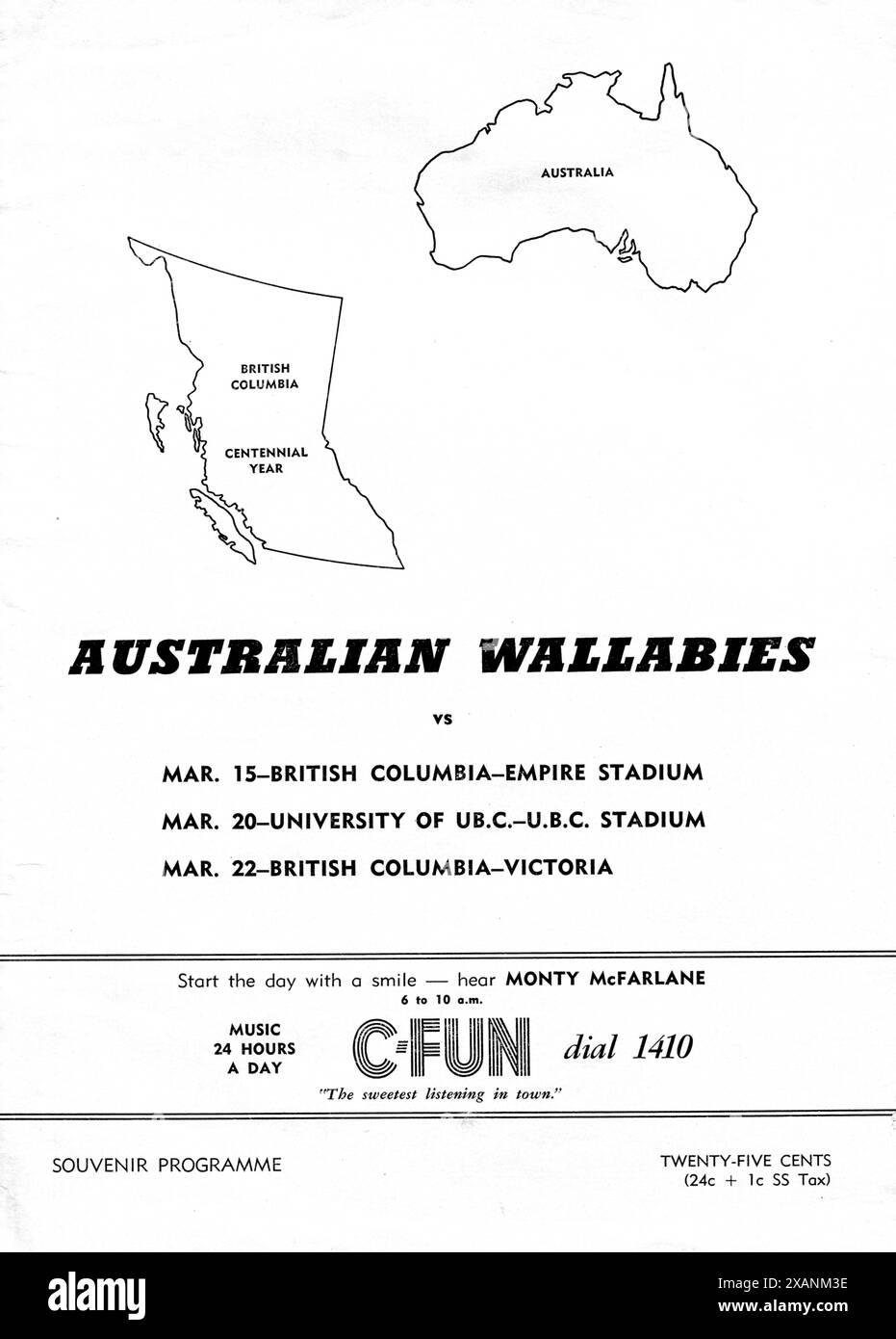 Un programma ricordo dell'Australian Wallabies Rugby Union tour della Columbia Britannica, Canada nel 1958 per tre partite tra il 15 e il 22 marzo come parte di un tour esteso in Gran Bretagna, Irlanda e Francia. La squadra fu capitanata da Robert Davidson (1926–1992) Foto Stock