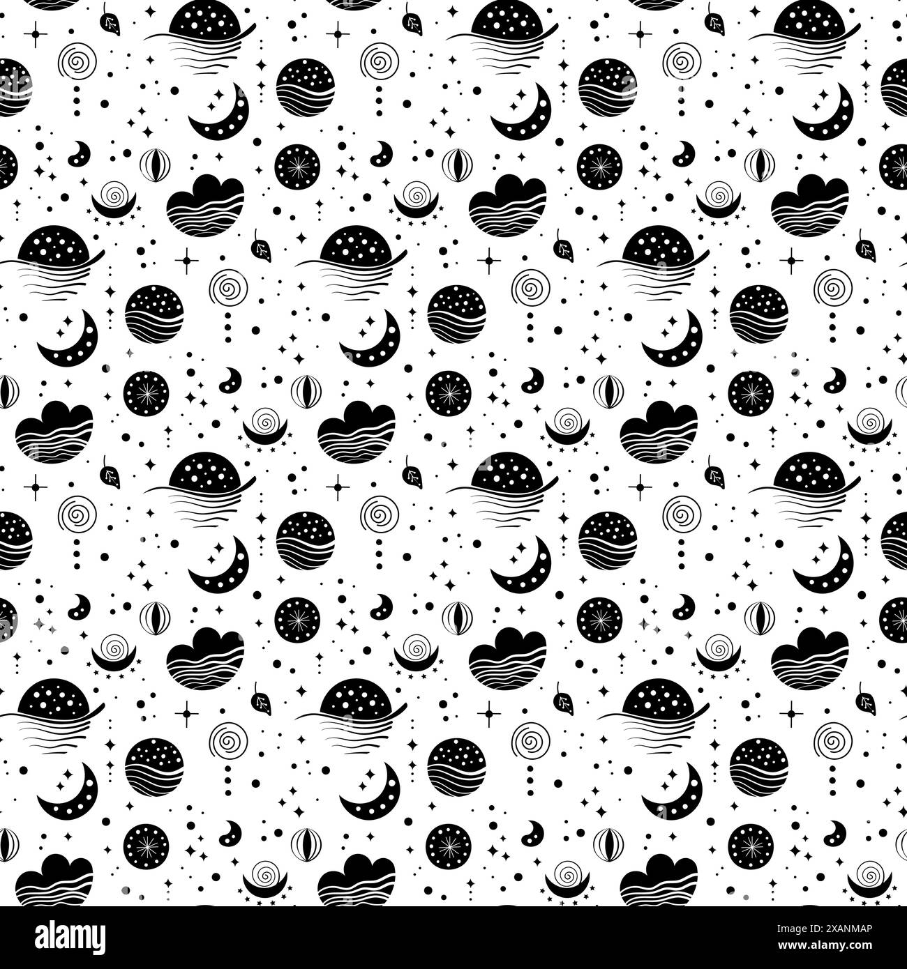 Motivi neo-folk senza cuciture con luna, nuvola, sole e stelle, design celeste bianco e nero. Crea sfondi infiniti in stile neo folk perfetti per Illustrazione Vettoriale