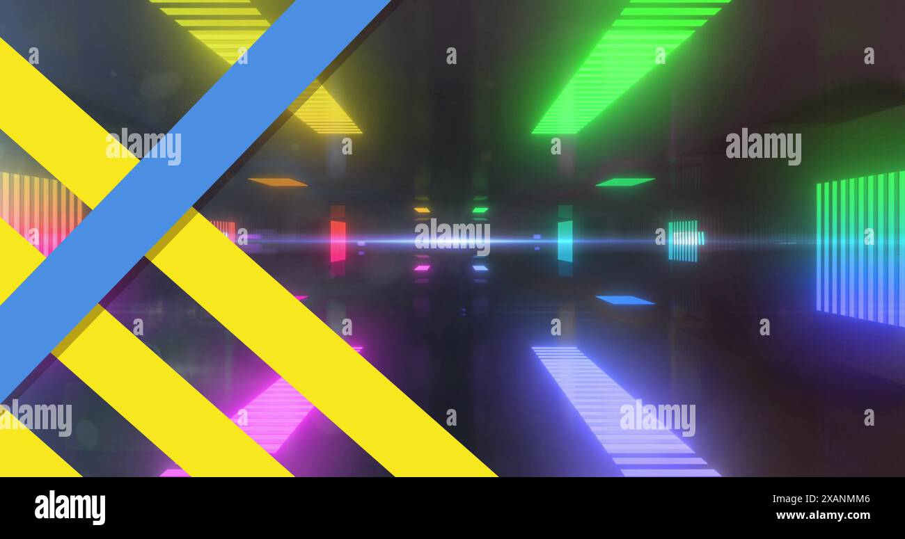 Immagine di linee gialle e blu sullo spazio nero con luci al neon colorate Foto Stock