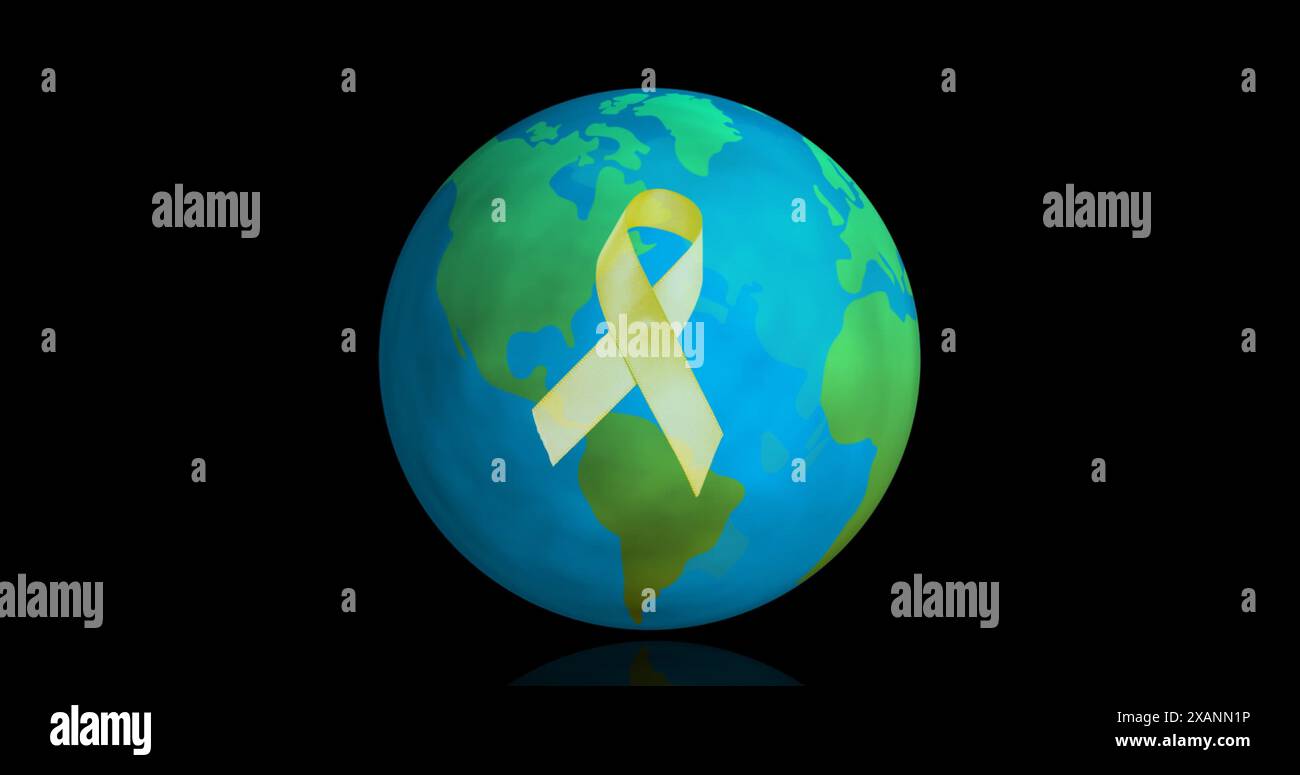 Immagine del nastro giallo su globo su sfondo nero, copia spazio Foto Stock