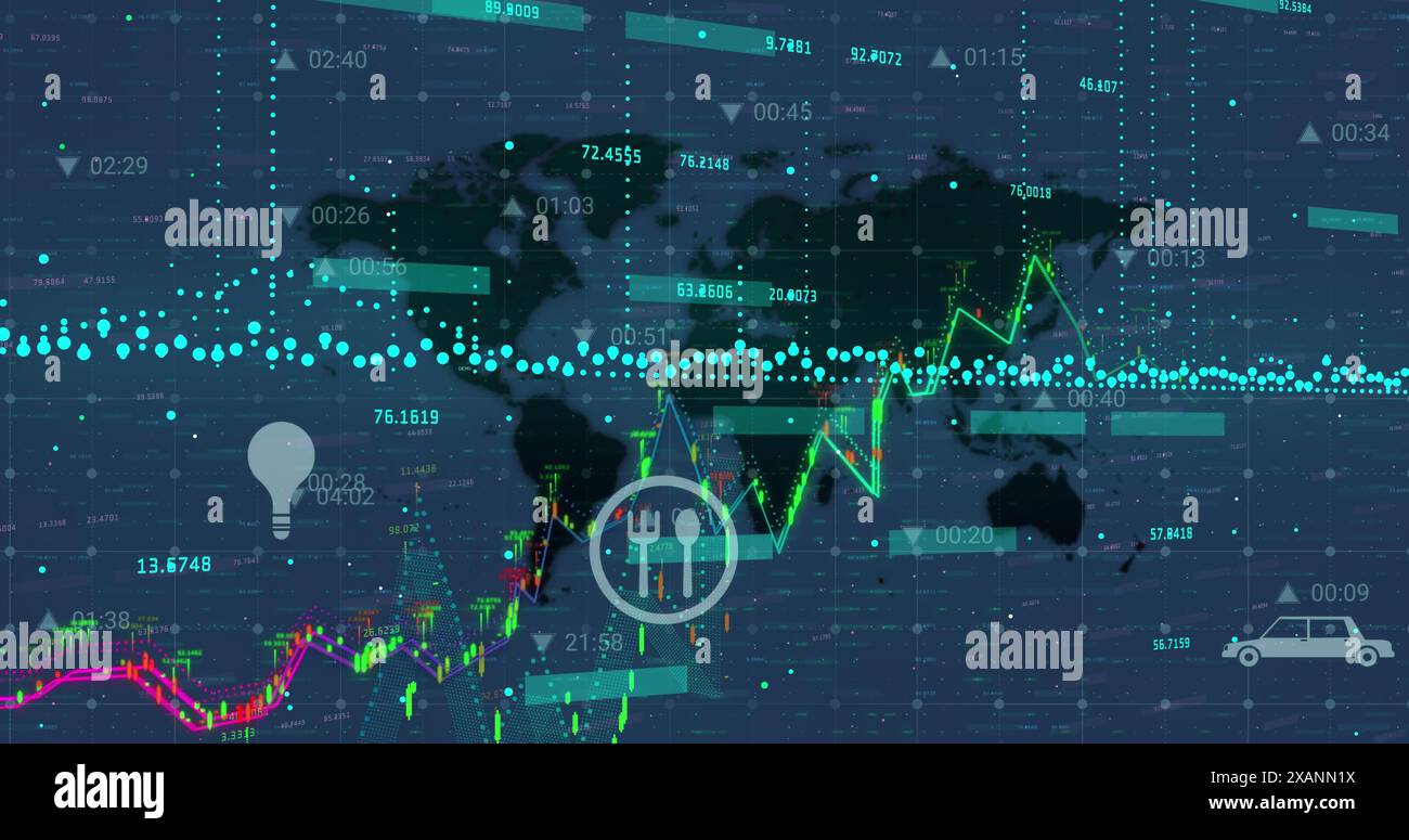 Immagine dell'elaborazione dei dati finanziari con icone sulla mappa mondiale Foto Stock