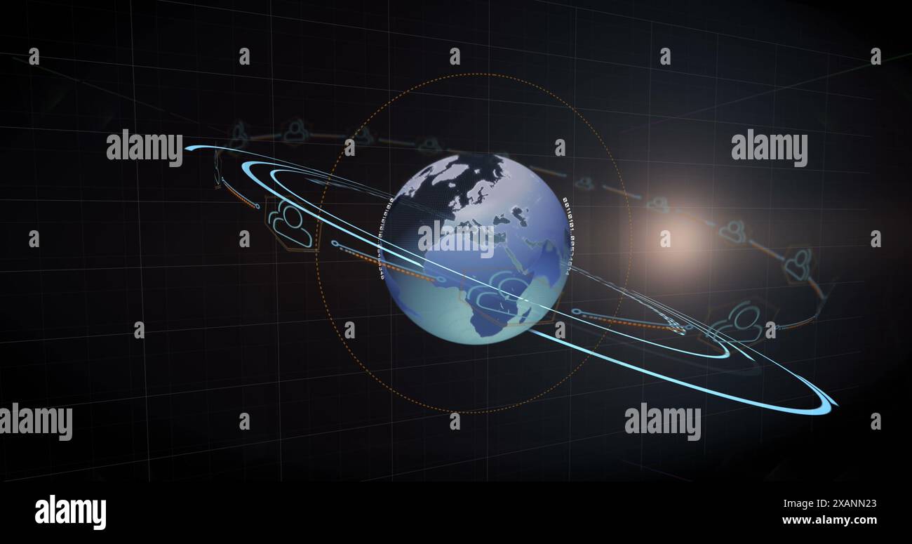 Immagine del codice qr su forme geometriche e globo, copia spazio Foto Stock