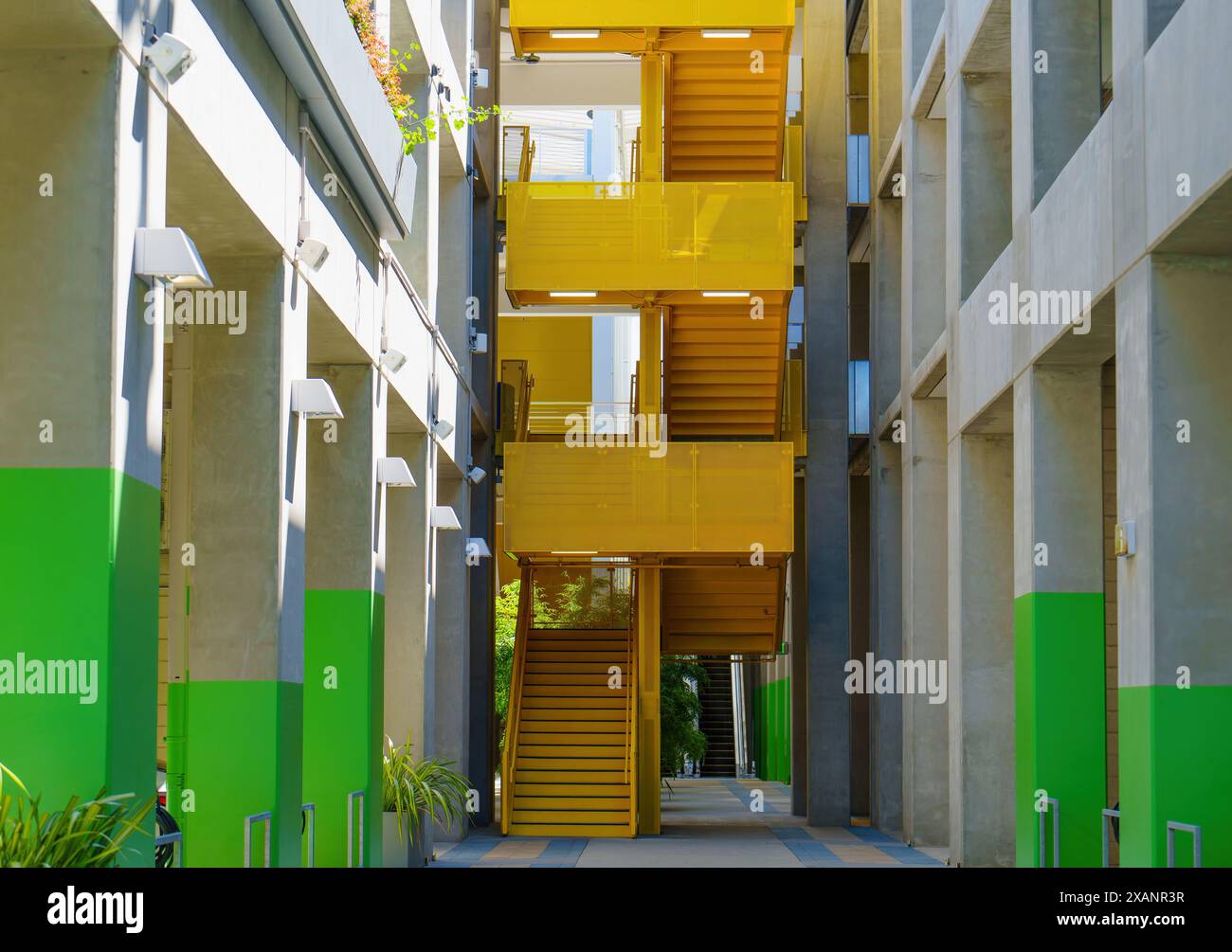 Vista prospettica di un edificio moderno che presenta scalinate gialle contro pareti di cemento grigio con accenti verdi che aggiungono un tocco di colore alla a urbana Foto Stock