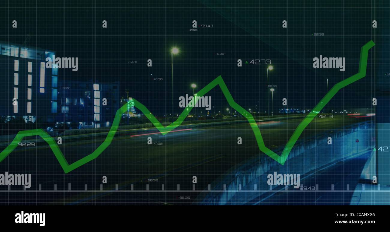 Immagine di un grafico a linee con numeri che cambiano nel time-lapse dei veicoli che si spostano sul ponte di notte Foto Stock