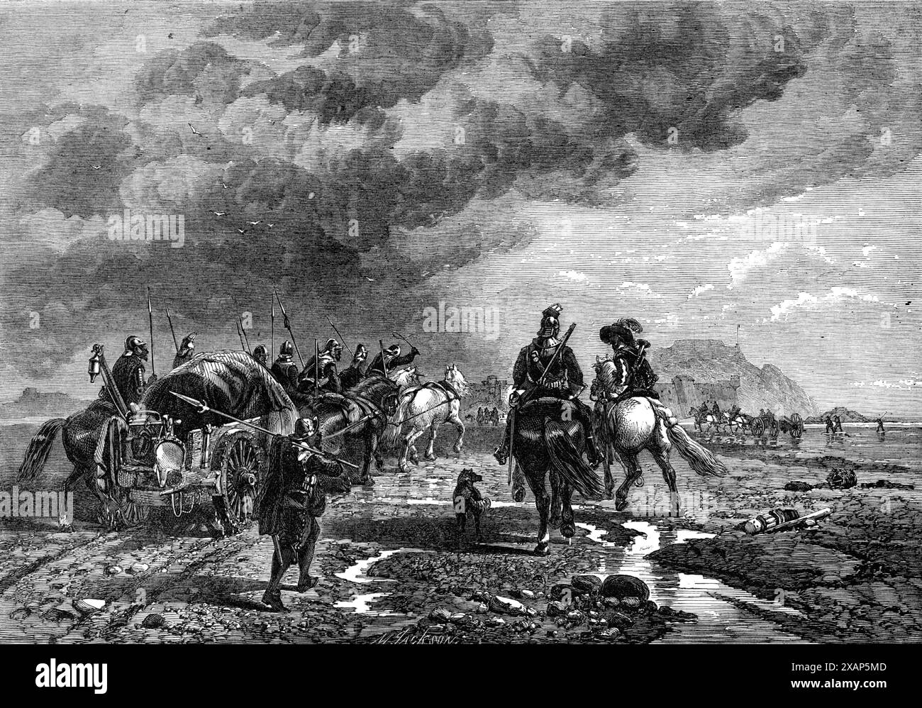 "Treno militare che attraversa le sabbie fino al castello di Elizabeth,. Jersey, in the Time of the Civil War," di R. Beavis, dalla tarda mostra della Royal Academy, 1865. "Il visitatore di Jersey saprà che la fortezza di Elizabeth Castle (così chiamata dalla sua fondatrice principale, "Queen Bess") è accessibile solo sul lato terra per un breve periodo in acque basse e da una strada rialzata naturale di ciottoli e sabbia... Mr. Beavis, il pittore del quadro che incidiamo - [ha raffigurato] i "leali" Gerseymen [che] hanno armato, equipaggiato e messo in una S Foto Stock