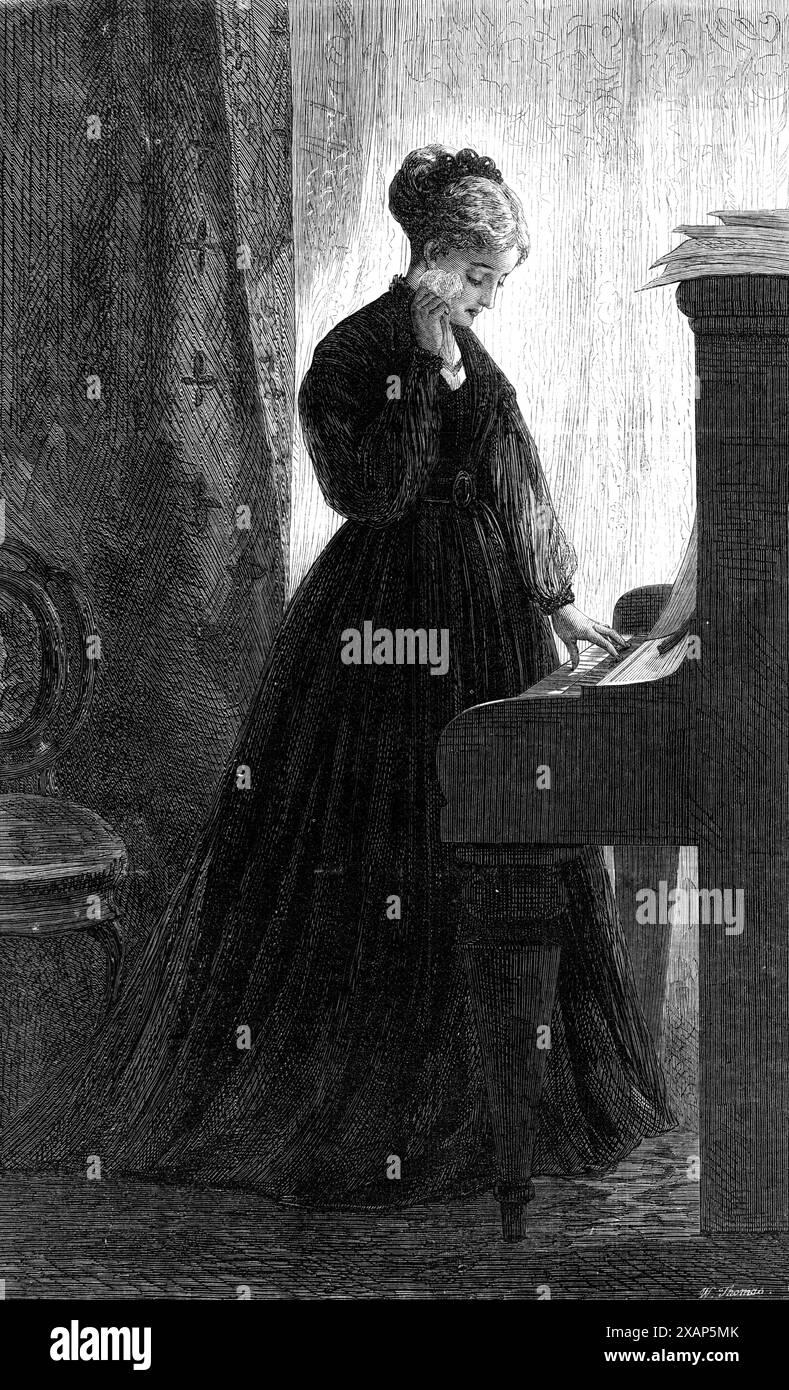 "I Cannot Sing the Old Songs", di Miss A. Claxton, nella Suffolk-Street Exhibition, 1868. Incisione di un disegno ad acquerello, '...uno dei meno pretenziosi della miriade, o giù di lì, di "opere d'arte" che abbelliscono, o troppo comunemente disgradiscono, le pareti delle gallerie di Suffolk Street. Ma, agli anni 'least...it, il sentimento rimane intatto, il suo trattamento modesto, e non discreditabile per l'artista femminile compiuta i cui intelligenti soggetti fantasma in recenti mostre hanno attirato molta attenzione. Il pathos semplice del disegno può essere trasmesso con leggera perdita attraverso i medi Foto Stock