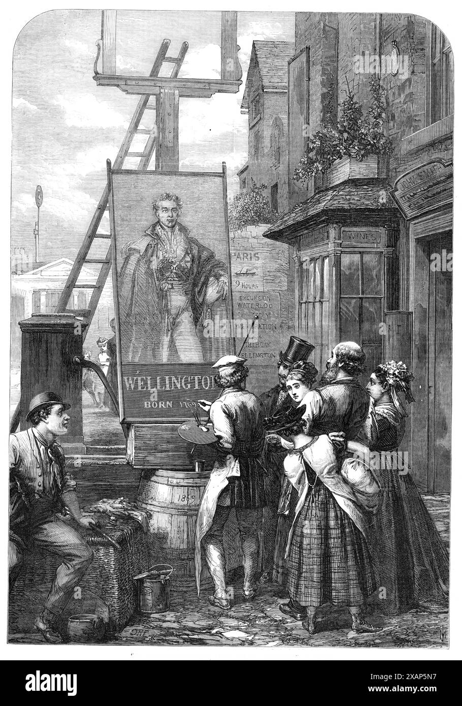 "In commemorazione del compleanno del Duca", 1869. "L'incidente che il signor Friston ci ha messo davanti, nella foto che abbiamo inciso, si spiegherà quando al lettore verrà ricordato che la data del nostro numero attuale, il 1° maggio, e' il centesimo anniversario del compleanno del grande Duca di Wellington... il lasso di tempo che ha portato la sua lunga vita ad una chiusura onorata e non prematura nel settembre 1852, ha ormai completato un intero secolo da quando la pupa pugnalante che doveva sottomettere il conquistatore d'Europa giaceva per la prima volta tra le braccia della sua infermiera. Potrebbe passare un altro secolo, e ancora un altro... Foto Stock