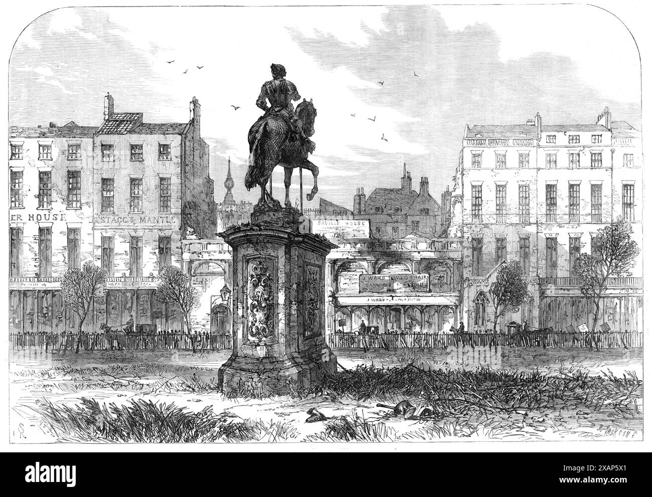 Uno schizzo a Leicester-Square, [Londra], 1868. "Pochi siti della metropoli hanno esposto così tante fasi della sua vita mostruosa come Leicester-Square. Altre piazze possono essere più abbondantemente storiate con ricordi di ricchi e grandi; ma non c'è area o "giardino-spazio" che abbia sperimentato molto così a scacchi di luce e ombra come quello che porta il nobile nome di Leicester. Nei suoi due secoli e mezzo di esistenza è stata la dimora dell'erede del Trono e "luogo di posa dei principi"; ma ora presenta uno spreco del deserto in primo piano del nostro punto di vista, un Foto Stock