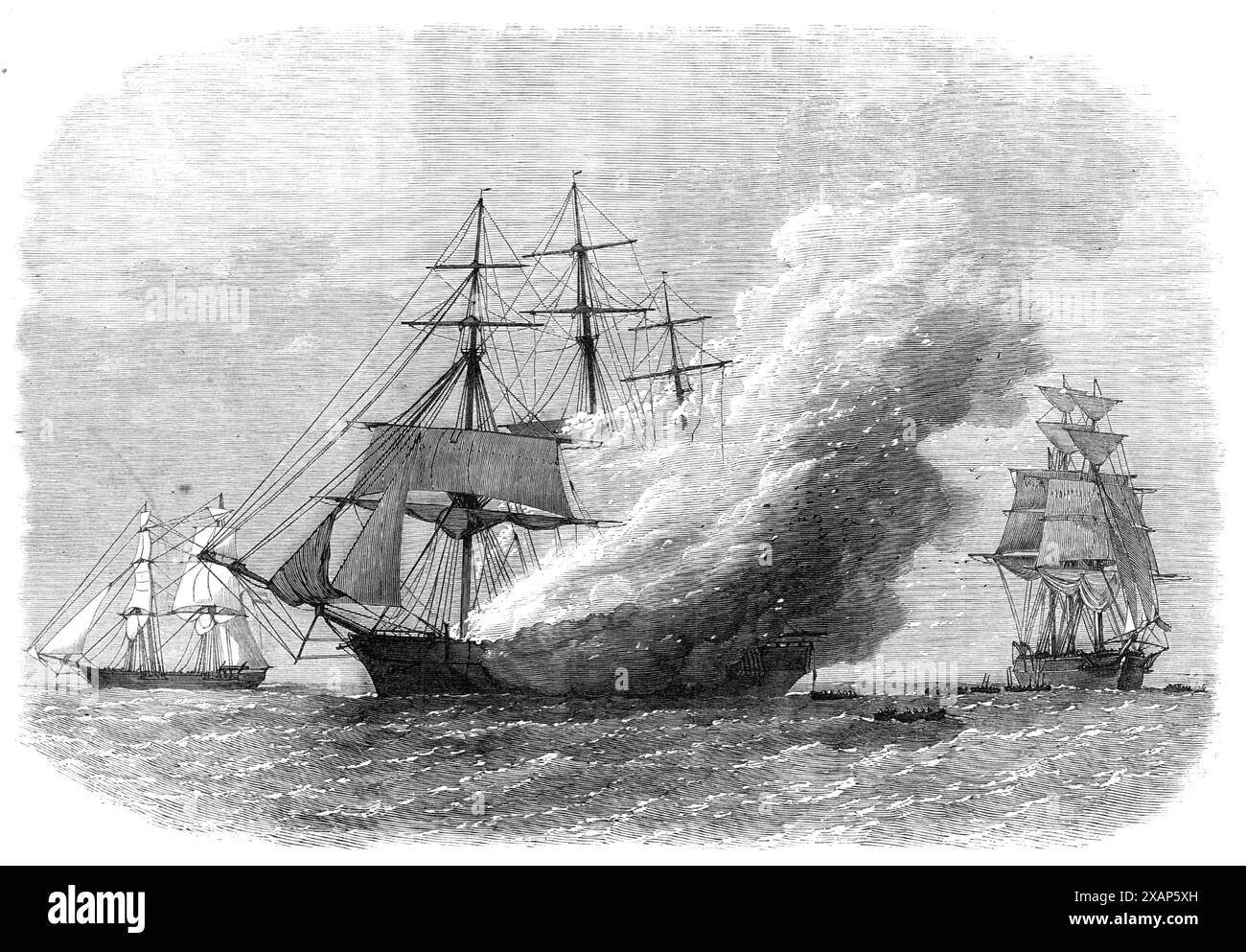 Incendio della Omar Pacha, nave australiana, diretta a casa, 1869. Nave passeggeri e cargo distrutta da un incendio nel Nord Atlantico. "Era carica di lana e altri prodotti coloniali... il 22 aprile... il fuoco scoppiò nella sua stiva... così rapidamente le fiamme si estesero, dalla natura infiammatoria del carico, che alle undici la nave stava bruciando da fusto a poppa, il lavoro di tutto l'equipaggio e dei passeggeri maschi alle pompe e ai secchi non era riuscito a sottomettere l'incendio. Un barque italiano... aveva fortunatamente visto i loro segnali di angoscia, ed era venuto in loro sollievo... quando tutte le speranze di salvare [h Foto Stock