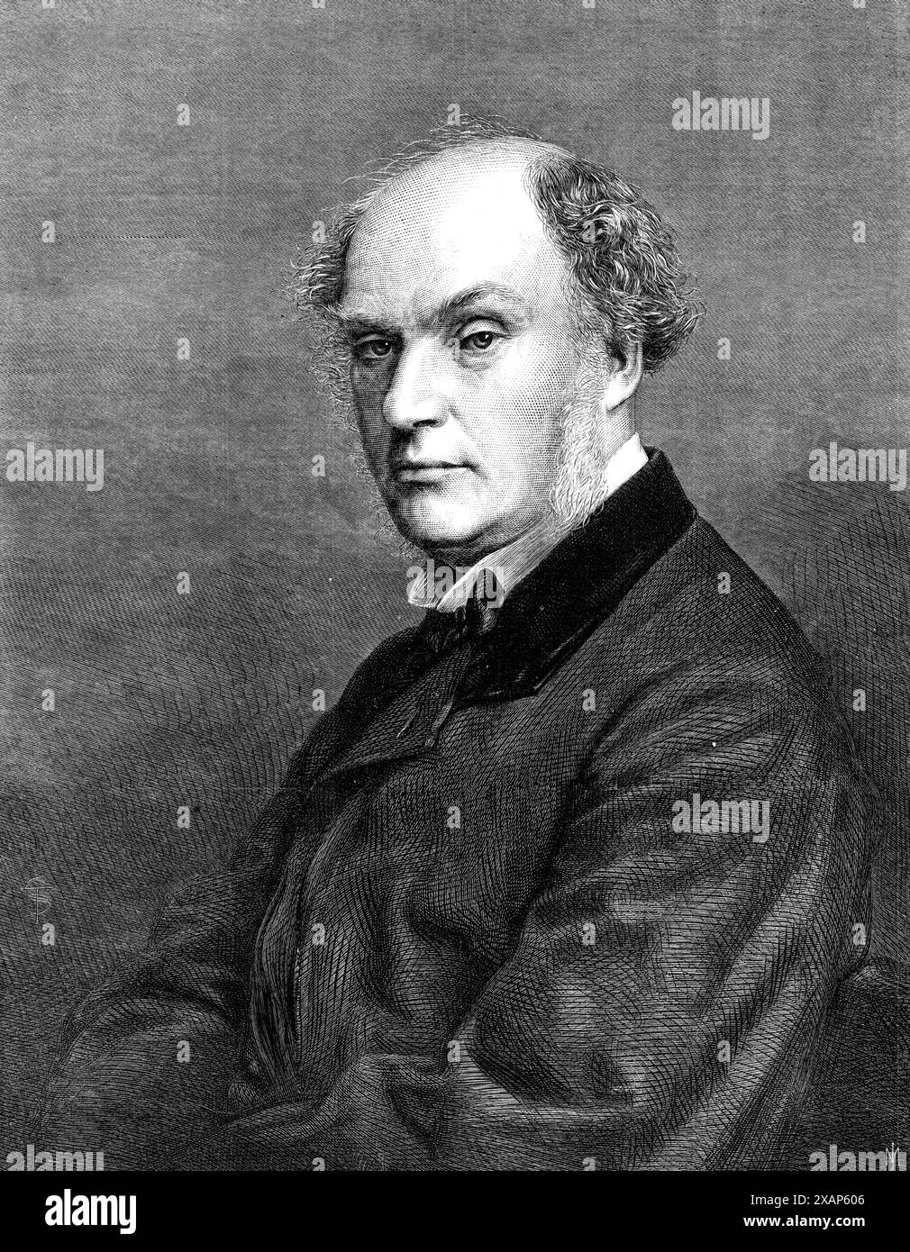 Daniel Maclise, R.A., 1868. Incisione da una fotografia di John Watkins. "Mentre era bambino Maclise mostrava una grande attitudine per il disegno... per diversi anni ha studiato anatomia con il dottor Woodroffe, passando dai disegni alla dissezione, e così gettò le basi per quel potere straordinario di disegnare la figura umana sotto ogni possibile condizione di accorciamento e senza l'aiuto dei modelli... nel 1828 si recò a Londra ed entrò alla Royal Academy, dove i suoi progressi furono insolitamente rapidi e di successo Maclise è stato selezionato dai commissari di Belle Arti, nel 1844, tra gli espositori Foto Stock