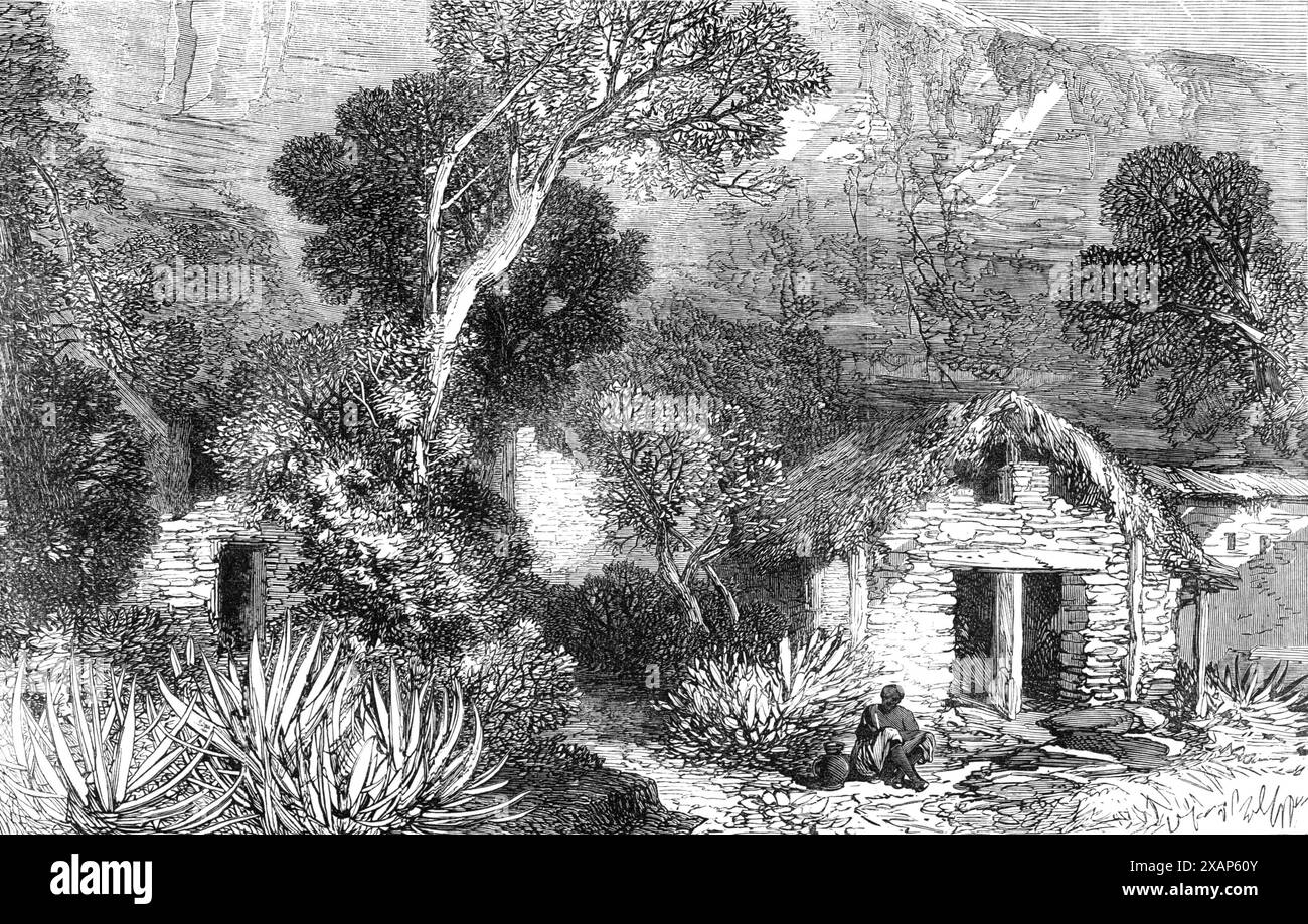 Chiesa e santuario di San Romano, barra-Kat, vicino a Senafe, 1868. Veduta di '...uno dei santuari più antichi e sacri dell'Abissinia, ovvero il luogo in cui ripongono le ossa di San Romano e di altri cento martiri convertiti al cristianesimo... Si trova a circa dieci miglia a sud-ovest dell'attuale avanzato campo britannico di Senafe, in un villaggio chiamato barra-kat...l'ingresso, una piccola porta sulla sinistra, conduce in una grotta, alla cui estremità si trovano due gradini tagliati fuori dalla roccia solida. All'ascendente questi si vede, al livello dell'occhio dello spettatore, un'apertura attraverso la quale uno Foto Stock