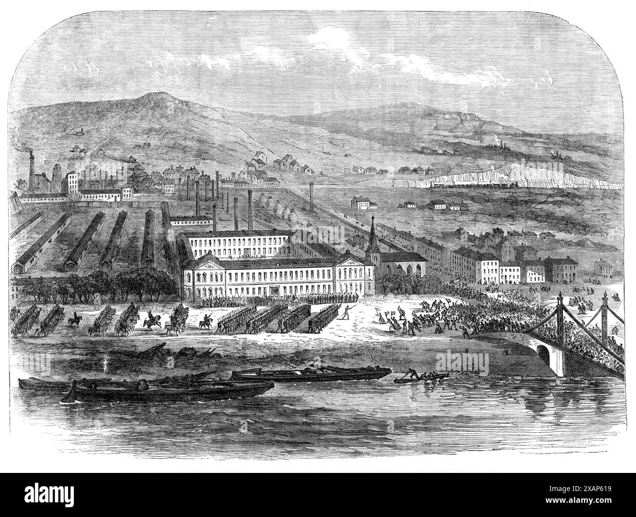 Conflitto tra operai e soldati alla Seraing Ironworks, Belgio, 1869. "Le allarmanti rivolte scoppiate in alcuni dei distretti minerari e manifatturieri del Belgio... sono state menzionate nelle nostre notizie straniere. Le scene dei principali disordini furono la celebre fonderia di ferro e fabbrica di macchine di John Cockerill, a Seraing, vicino liège; e le miniere del Borinage...l'occasione immediata fu una disputa tra gli operai e i loro datori di lavoro riguardo al tasso di salari. E' deplorevole che il temperamento eccitabile degli uomini, qualunque sia stato Foto Stock Conflitto tra operai e soldati alla Seraing Ironworks, Belgio, 1869. "Le allarmanti rivolte scoppiate in alcuni dei distretti minerari e manifatturieri del Belgio... sono state menzionate nelle nostre notizie straniere. Le scene dei principali disordini furono la celebre fonderia di ferro e fabbrica di macchine di John Cockerill, a Seraing, vicino liège; e le miniere del Borinage...l'occasione immediata fu una disputa tra gli operai e i loro datori di lavoro riguardo al tasso di salari. E' deplorevole che il temperamento eccitabile degli uomini, qualunque sia stato Foto Stock