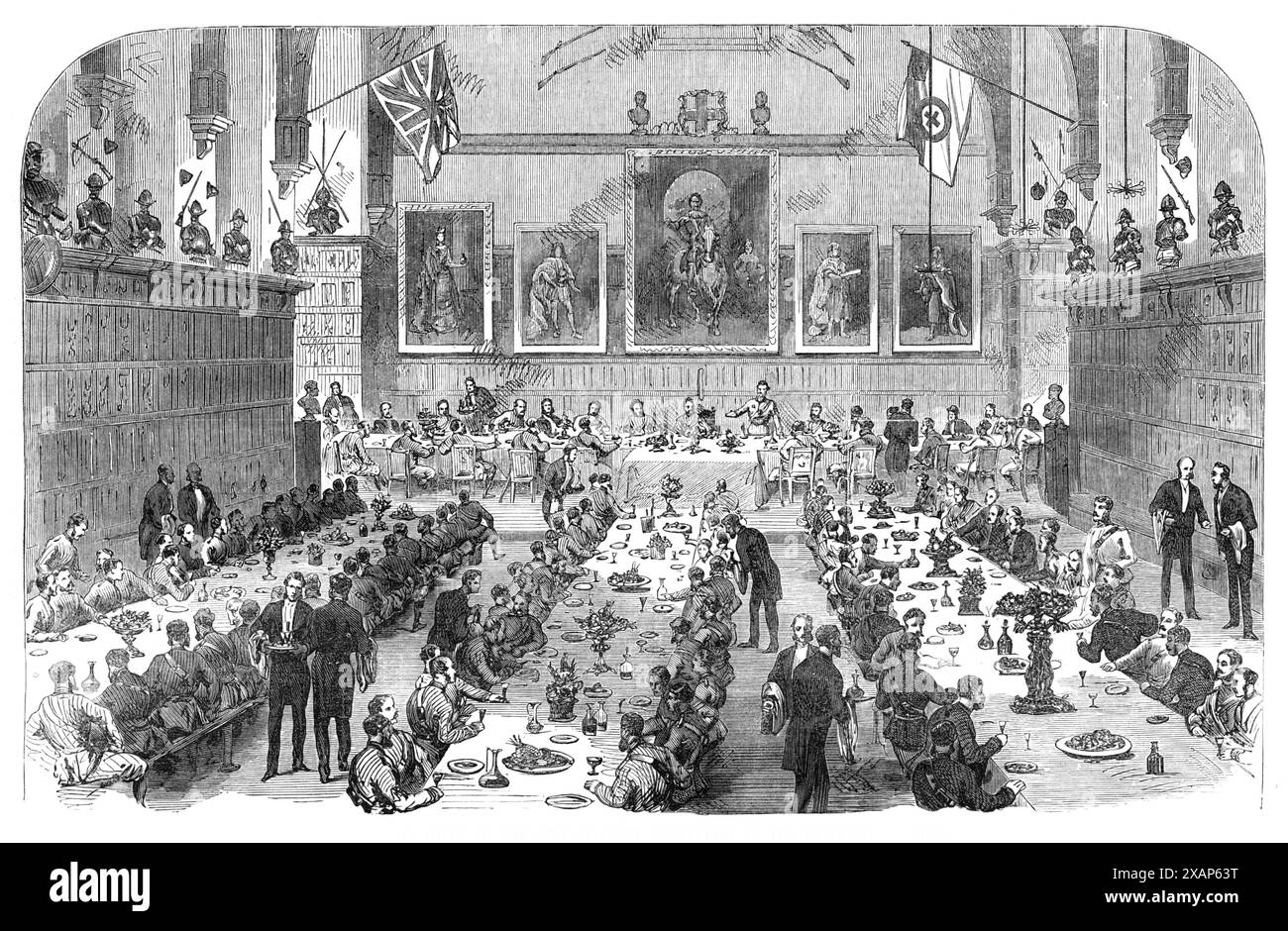 Cena data dagli Inns of Court Volunteers all'Universities Corps, [Londra], 1868. "È stato menzionato nel nostro ultimo [numero] che questi tre corpi di volontari hanno avuto una giornata di campo proprio, a Wimbledon, martedì settimana. I due corpi universitari arrivarono presto a Londra e marciarono verso il King's Bench-Walk, Temple, dove trovarono gli Inns of Court Volunteers, al numero di 152 gradi e file, in attesa di riceverli. I volontari dell'Università di Oxford erano solo ventitré, sotto il comando del capitano e dell'aiutante Jones. Gli altri ufficiali erano il tenente Jermyn e il tenente Hughes. Foto Stock