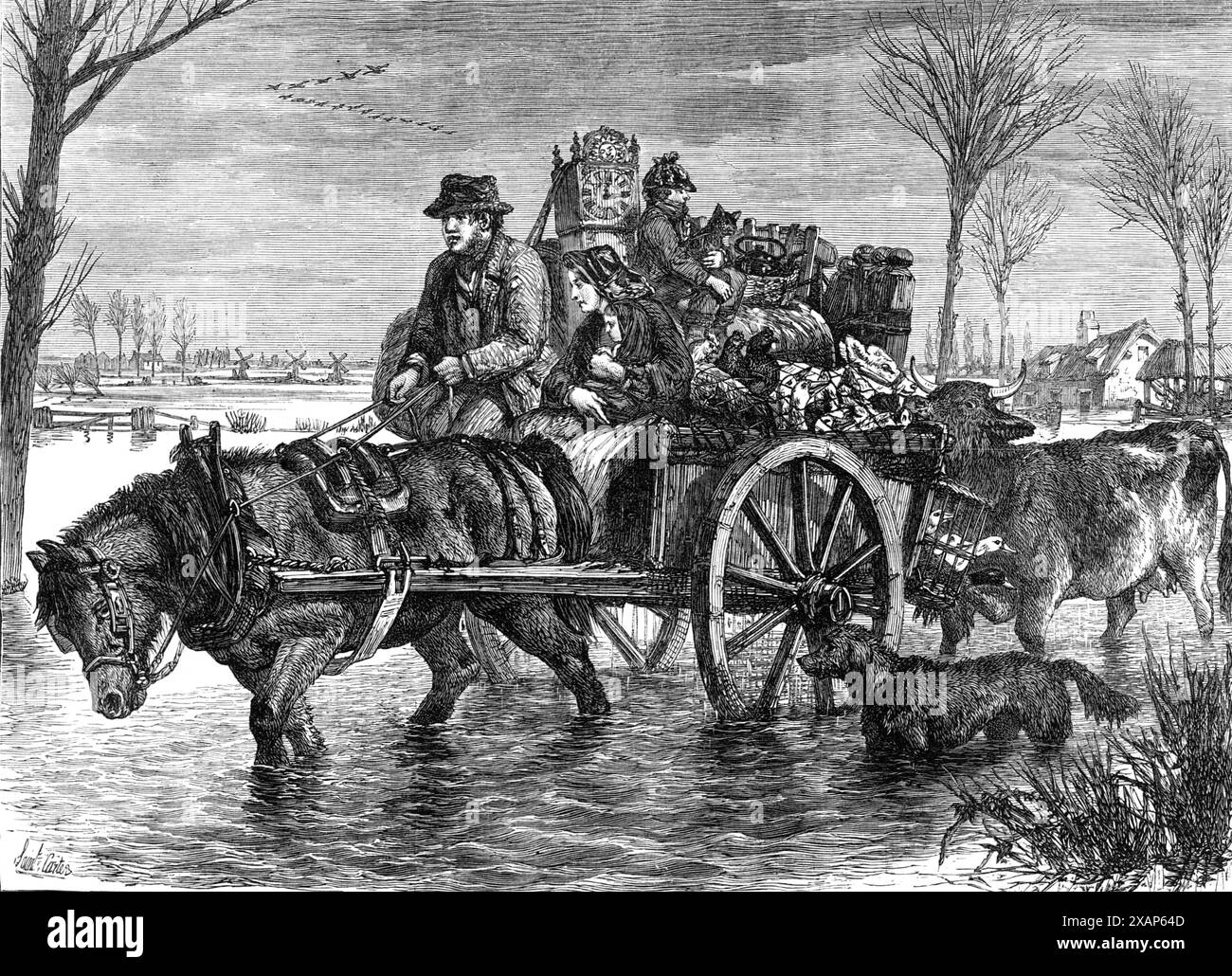 Allagato nel Lincolnshire, nel 1869. "La straordinaria quantità di pioggia che è caduta in gran parte dell'Inghilterra nelle ultime tre settimane ha causato il traboccare di molti fiumi e l'inondazione di estesi tratti di terra... nel Lincolnshire,...il Witham più di una volta si è innalzato sopra le sue rive in certi luoghi, e migliaia di acri di terra sono stati sommersi in diverse parti del paese. Qui e là una famiglia potrebbe essere vista in una situazione così scomoda come è rappresentata nella nostra incisione, costretta a partire dalla sua casa e a cercare un luogo asciutto di dimora temporanea. L'uomo e la moglie, con Foto Stock