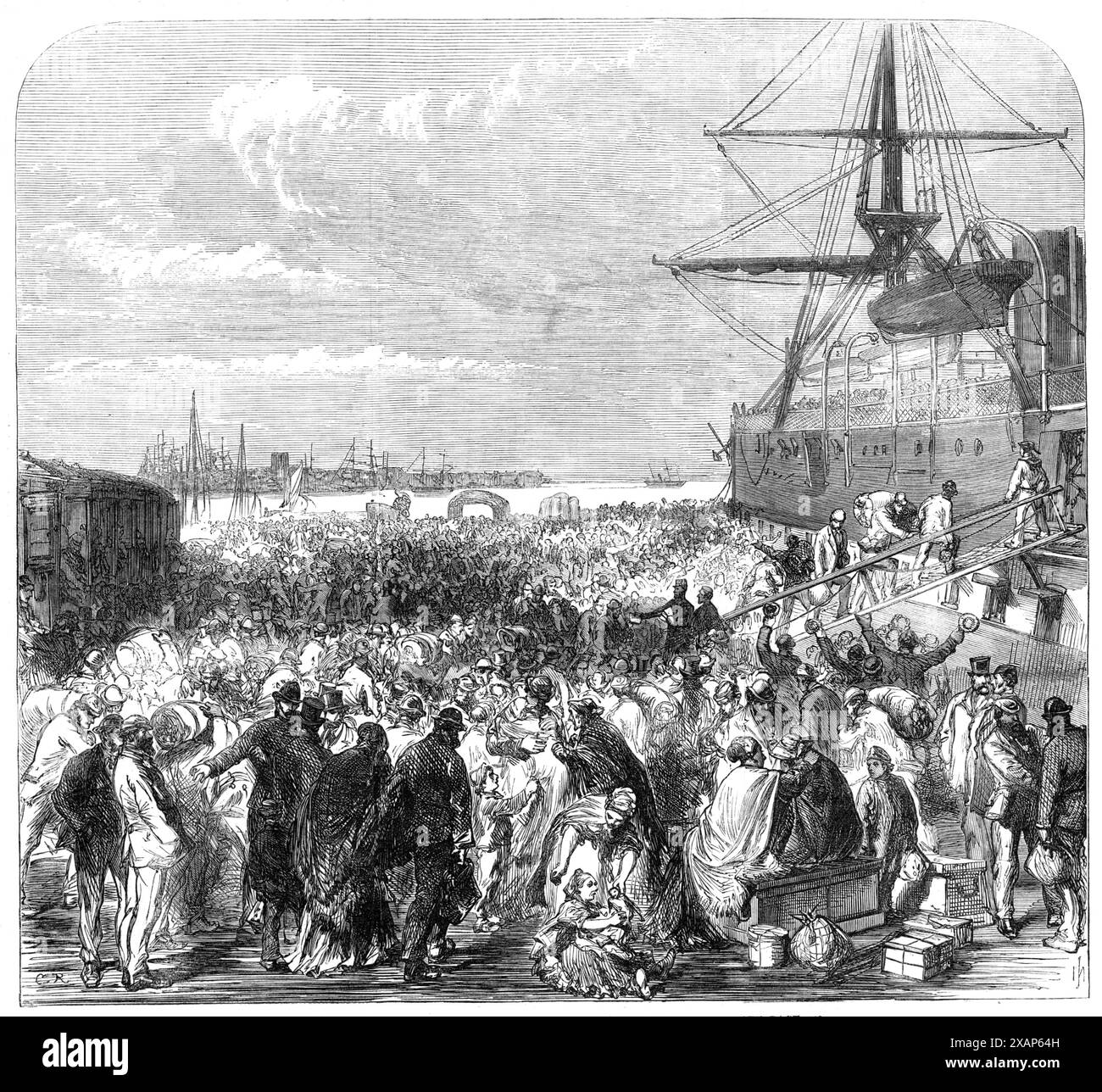 Imbarco di operai portuali come emigranti a Portsmouth, 1869. "...lavoratori dimessi dei cantieri navali dell'Ammiragliato, con le loro mogli e famiglie, a bordo della nave Crocodile di sua Maestà, il capitano G. W. Watson, per il trasporto in Canada... alla passerella tutti i documenti di imbarco sono stati consegnati dagli emigranti, che poi sono stati trasferiti a bordo e numerati in cuccette da caos e da riposo. Così facendo, le cure degli emigranti... erano confinate a riporre i loro bagagli nelle loro cuccette e a dire "buono" a parenti e amici... un treno speciale da Woolwich, Foto Stock