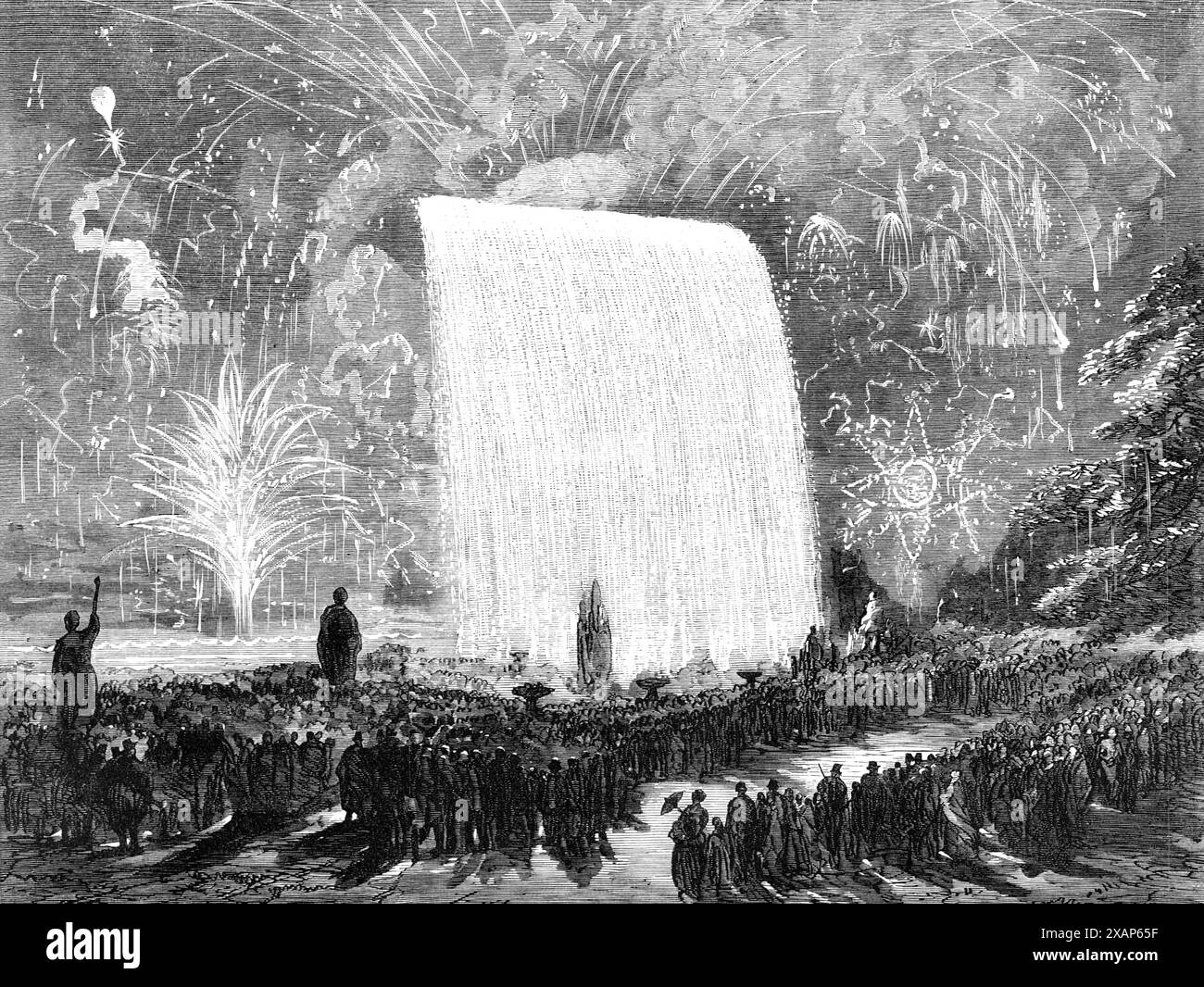 Fuochi d'artificio al Crystal Palace, 1869. "I festeggiamenti al Crystal Palace [nel sud di Londra] di lunedì settimana si sono conclusi, alle nove e mezza di sera, con una grande esibizione di fuochi d'artificio. Tra le caratteristiche principali di questo intrattenimento c'era la nuovissima cascata del fuoco, che presentava una vasta superficie di fiamme brillanti sparse da un'altezza di 120 piedi, sormontata da una bella tenda argentata; l'albero di betulla d'oro, la RAM con il vello d'oro, la stella a spirale dell'oro, le mongolfiere in magnesio sorella e altre splendide apparizioni. Tutta la mostra, che si è conclusa con una batt Foto Stock