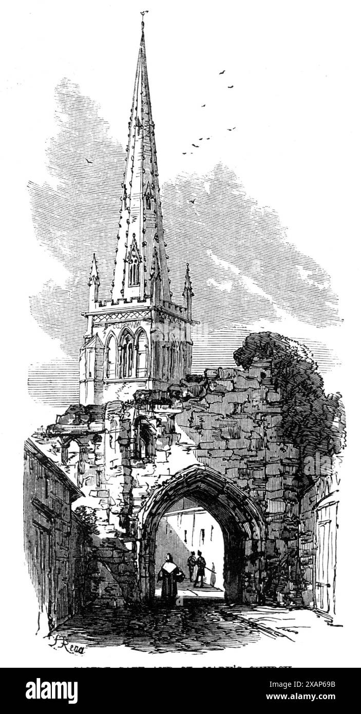 Leicester: Castle Gate e St. Mary's Church, 1868. "Quello... che dà a Leicester un vanto più orgoglioso della visita o dell'assenza di un monarca di tempi antichi è che le mura del castello ormai demolito, di cui poco più del pittoresco portale oggi rimane, furono a lungo la casa di uno dei più grandi meriti dell'Inghilterra, Simon de Montfort, conte di Leicester, al quale siamo in debito per la prima rappresentanza dei comuni in un Parlamento”. Da "Illustrated London News", 1868. Foto Stock