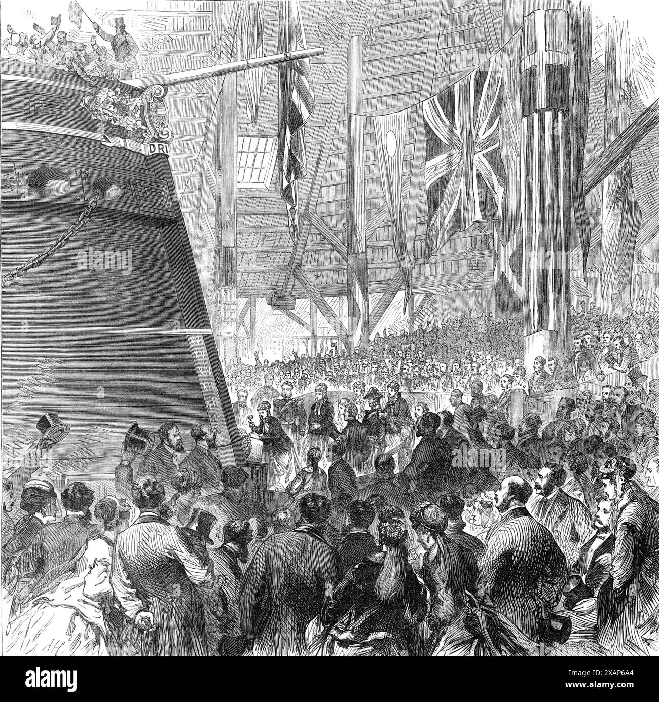 Lancio della corvetta a vite Druid, Deptford Dockyard [a Londra]: La Principessa Louise rilascia il dog-shore, 1869. La corvetta a vite Druid è stata lanciata sabato al cantiere di Deptford, in presenza della principessa Louisa e del principe Arthur. All'arrivo, le loro altezza reali furono ricevute dal capitano Arthur P. E. Wilmot, C.B., capitano sovrintendente; ammiraglio Sir Henry Denham; capitano Edmondstone, C.B., e Mr. P. Saunders, il comandante della nave. La principessa Louisa battezzò la nave nel solito stile; e con uno scalpello e un martello tagliarono il filo a cui il peso per abbattere la riva del cane Foto Stock
