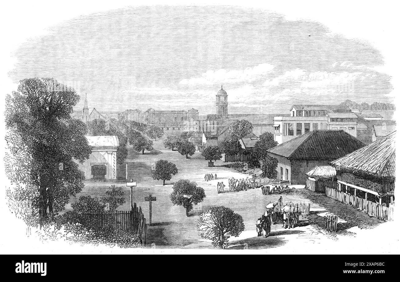 Merchant Street, Rangoon, British Burmah, 1869. Incisione da una fotografia dei signori Bentley e Jackson. Quando la prima spedizione britannica in Burmah... sbarcò al porto di Rangoon nel maggio 1824, trovò quel posto una regione di paludi pestifiche e mortali... così malsana era la città vecchia che decimò letteralmente le truppe britanniche che vi erano sbarcate durante la nostra prima guerra contro i birmani. Il posto era chiamato "Golgotha", così letali erano gli effetti della sua malaria sui nostri soldati... per lavorare, quindi, i nostri indefatigabili ufficiali di ingegneri per drenare le paludi su cui Foto Stock