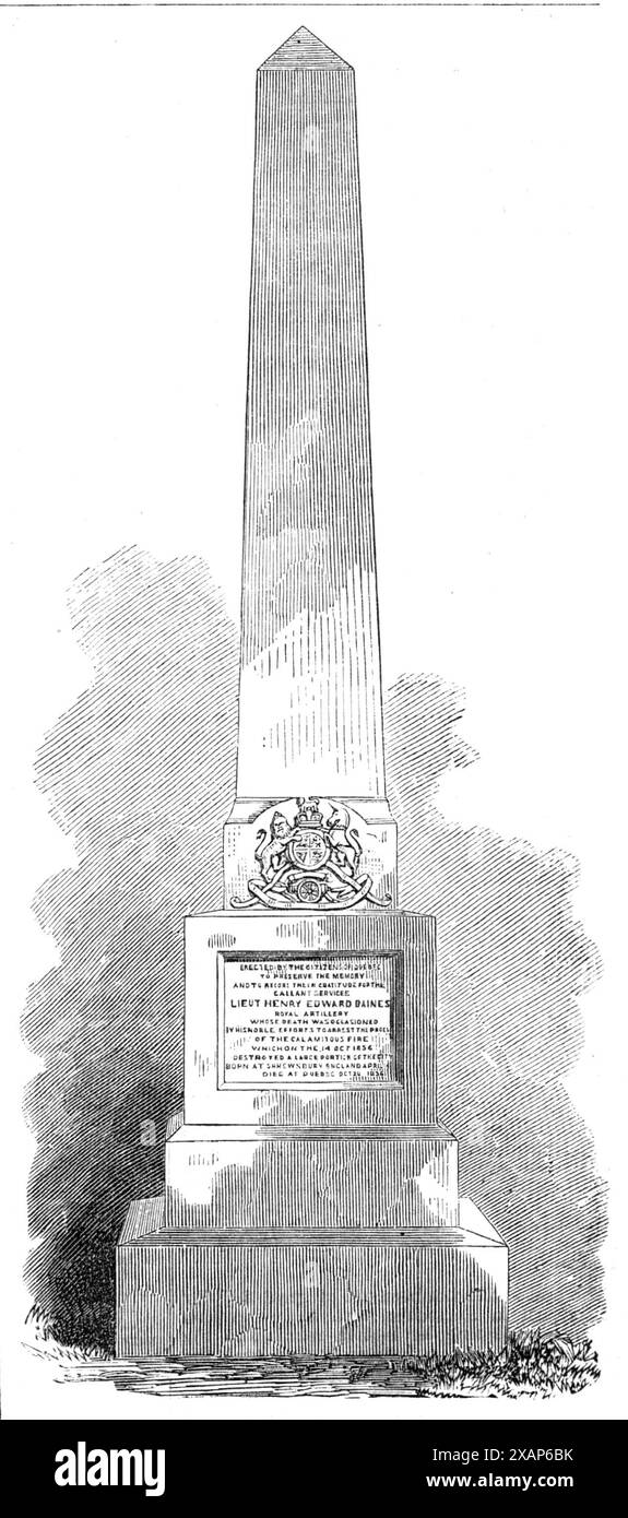 Monumento a Lieut. H. E. Baines al [Mount Hermon Cemetery], Quebec, 1869. Obelisk '...sopra la tomba del tenente Henry Edward Baines, della Royal Artillery, che morì per le ferite ricevute nell'eroica esecuzione del suo dovere alla grande conflagrazione il 14 ottobre 1866, quando furono distrutte oltre 2500 case...il Convento dell'ospedale generale, con 300 detenuti, di cui 150 infermi e indifesi, fu avvicinato dalle fiamme con feroce rapidità; e l'unico modo per salvarlo era far saltare in aria un edificio in arrivo... questo coraggioso giovane ufficiale... ordinò di mettere un fusto di polvere da sparo nella Foto Stock