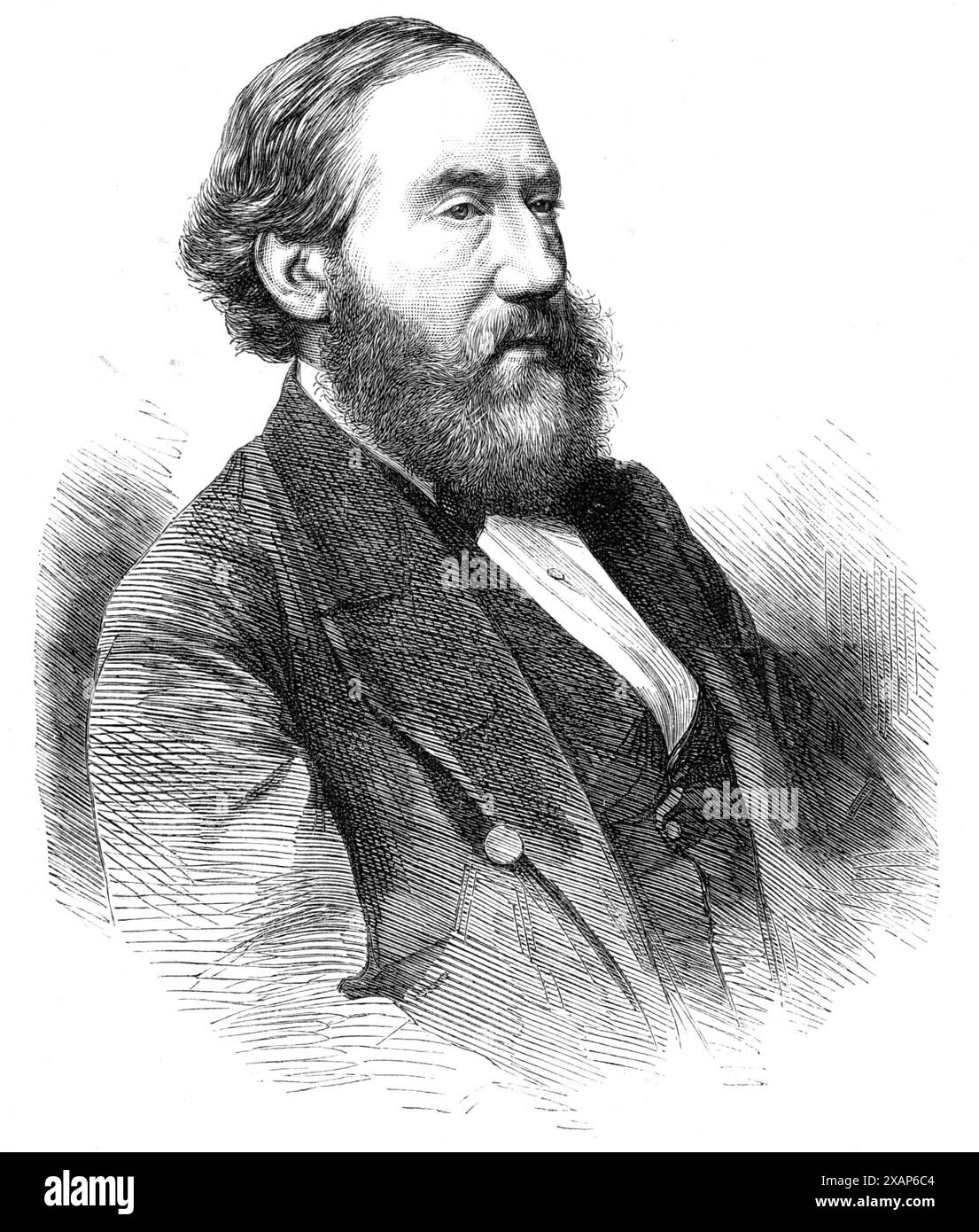Signor J. B. Waring, Commissario capo, Leeds Art-Exhibition, 1868. Incisione da una fotografia del signor J. Ramsden. 'Il signor Waring, in gioventù, era allievo di un architetto londinese, quando divenne studente della Royal Academy, e ottenne la grande medaglia d'argento concessa dalla Society of Arts per i disegni di ornamento architettonico... nel 1854, aiutò Digby Wyatt a compilare i manuali del Palazzo di cristallo per le corti bizantine, rinascimentali, medievali e italiane. L'anno successivo ha prodotto un lavoro su "The Arts Connected with Architecture in Central Italy", l'orig Foto Stock
