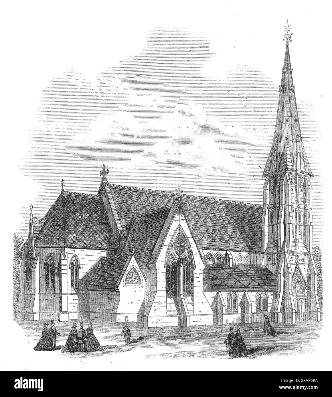 Chiesa di San Marco, Broadwater Down, Tunbridge Wells, 1868. "La chiesa costruita di recente nella tenuta del conte di Abergavenny... ha un aspetto architettonico piacevole, con un carattere di grande solidità... i tetti della chiesa sono ricoperti da ardesia variegate, disposte su un modello in tre colori, con mattonelle di cresta e creste di ferro. Le tende delle finestre sono in pietra di Bath e la muratura in generale è un'opera rustica scalinata. La fine pietra arenaria autoctona, di qualità molto dura e durevole, è il materiale principale dell'edificio. Sopra l'ingresso principale è scolpita una figura di San Marco, che scrive il gif Foto Stock