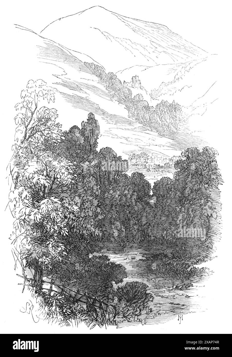 Devon Valley Railway in Scozia: Near Dollar, 1869. Dollar, dove termina la ferrovia per l'attuale, è un villaggio graziosamente situato all'ingresso del Castello Campbell Glen... non lontano da Dollar si trova il luogo di sepoltura dei Taits, una piccola incrinatura semicircolare lavata dal Devon. All'inizio era un posto tranquillo e sequestrato; ora la ferrovia e la strada a pedaggio tra Dollar e Tillicoultry l'hanno esposta allo sguardo inattivo di ogni passante". Da "Illustrated London News", 1869. Foto Stock