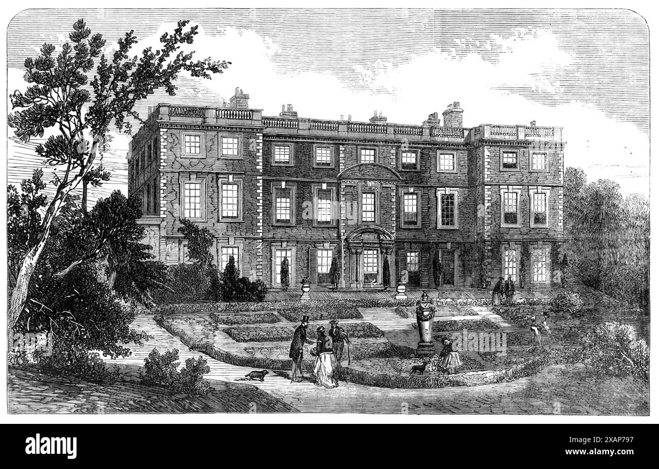 Il disastro della caccia nello Yorkshire: Newby Hall, la sede di Lady Mary Vyner, vicino alla scena della calamità, 1869. Vista della Hall dalla riva destra del fiume Ure a Bishopsmonkton. Sir Charles Slingsby, maestro dei cacciatori di volpi, fu annegato con altri cinque cavalli e otto cavalli dopo tredici uomini, con undici cavalli, affollati in una nave destinata ad ospitare solo la metà di quel numero. Slingsby e la maggior parte di coloro che erano vicini hanno preso il traghetto, che si trova quasi di fronte a Newby Hall, e hanno segnalato che la barca doveva essere inviata. Gonfiato dalle piogge tardive, e a una grande exten Foto Stock