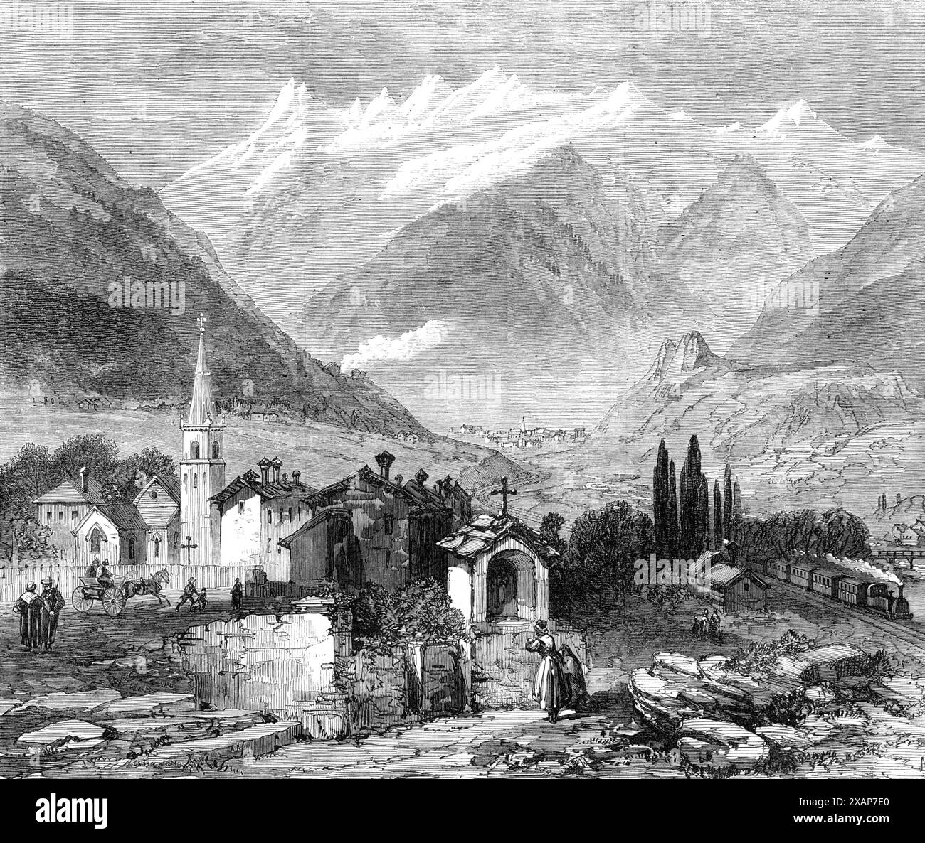 La nuova rotta via terra verso l'India: Modane [in Francia], all'estremità nord del tunnel sotto il Monte Cenis, 1869. "Il villaggio di Modane, sul versante sabaudo delle montagne... è la prima stazione sulla linea Mont Cenis Summit di Mr. Fell... c'è un punto a metà strada sul versante della montagna, verso la sinistra, dove la foce del tunnel è segnata dall'aumento di un piccolo volume di fumo... la continuazione della ferrovia da St. Michel per entrare nel tunnel può essere effettuata solo facendo un circuito, dopo aver portato la linea fino a Modane, e poi girando intorno al lato del cavo fino a raggiungere un punto Foto Stock