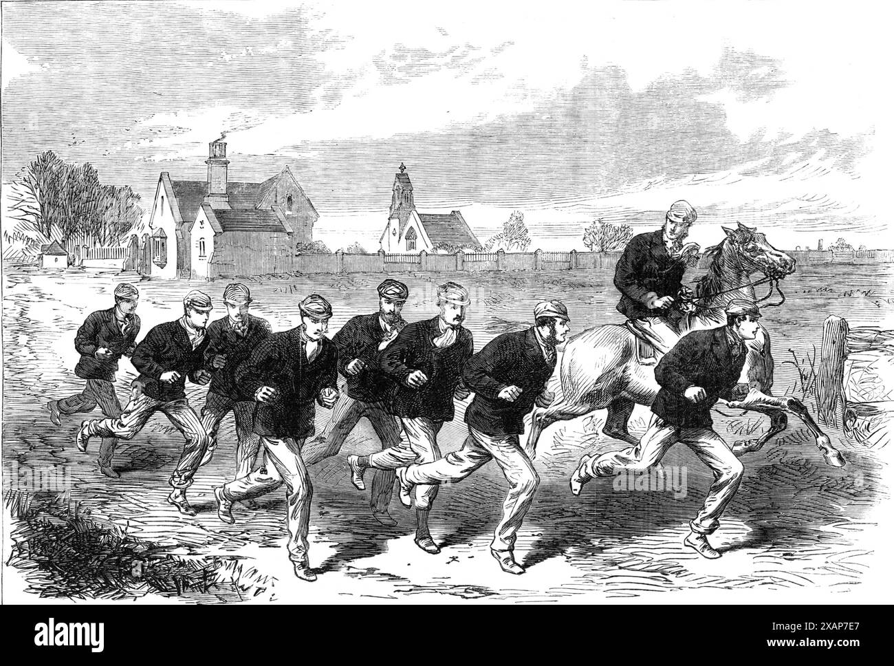 Oxford and Cambridge Boat-Race: The Cambridge Crew training on Barnes-Common, [sud-ovest di Londra], 1868. "...chi c'è là - alto e basso, ricco e povero - che non si interessa profondamente a questa lotta annuale per quello che è stato giustamente definito il "nastro blu" del fiume? Dall'erede al Trono fino al conducente di un taxi che sfoggia la sua parte di blu scuro o chiaro attaccata alla frusta, tutti coloro che si trovano a una distanza ragionevole affollano su strada o ferrovia, o fiume per Putney per vedere il "Varsity Match"...independent dell'interesse eccitato tra tutte le classi come t Foto Stock