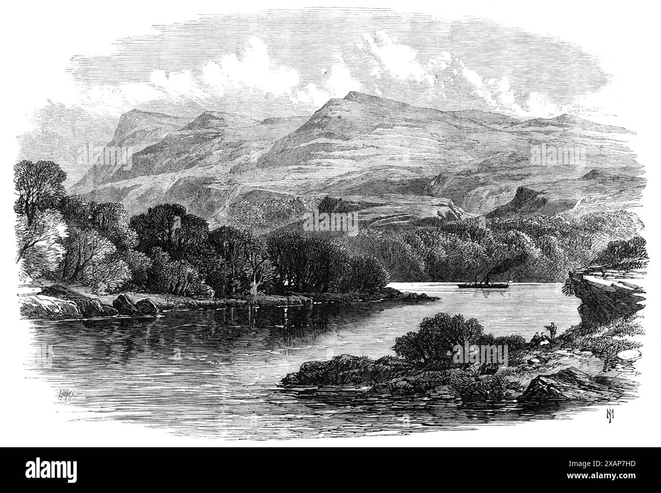 Gli avvolgimenti di Lough Erne, contea di Fermanagh, [Irlanda], 1869. Veduta di '...il bellissimo paesaggio di Lough Erne...ci sono due laghi che portano il nome di Erne, l'alto e il basso; adagiate tra basse colline con la verdura più dolce e fresca e costellate da un gran numero di graziosi isolotti boscosi, presentano una successione di paesaggi suggestivi, senza la grandiosità di Killarney, ma con grazia infinita. La piccola città di Enniskillen, che si trova... sul pezzo di terra tra i due laghi, è la sede principale dei turisti in questa deliziosa regione; barche a vapore che passano per un Foto Stock