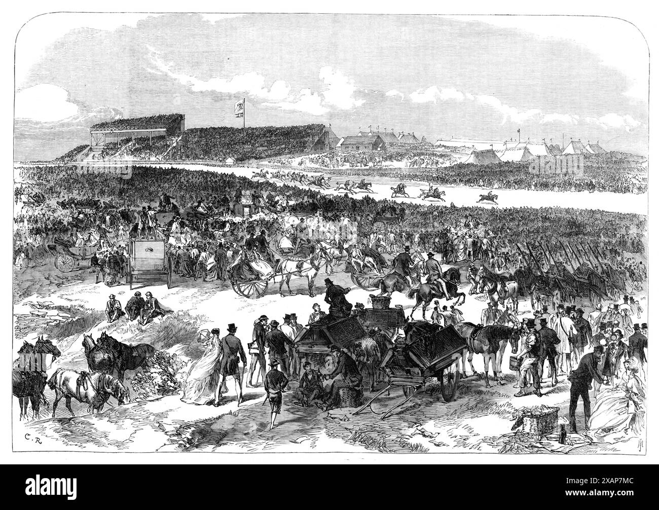 Visita del Principe e della Principessa del Galles in Irlanda: Vista generale delle Punchestown Races, [Contea di Kildare], 1868. Il futuro re Edoardo VII e la regina Alessandra alle corse. La festa ha raggiunto la tribuna di Punchestown alle due e venti minuti. C'era un immenso atrio di persone in carrozza e a piedi in attesa del loro arrivo a terra. Il partito reale prese posto nel padiglione accanto alla tribuna. La Principessa, così come il Principe di Galles, si interessarono molto al procedimento. Il tempo era incredibilmente bello e quasi afoso. La corsa è iniziata a metà Foto Stock