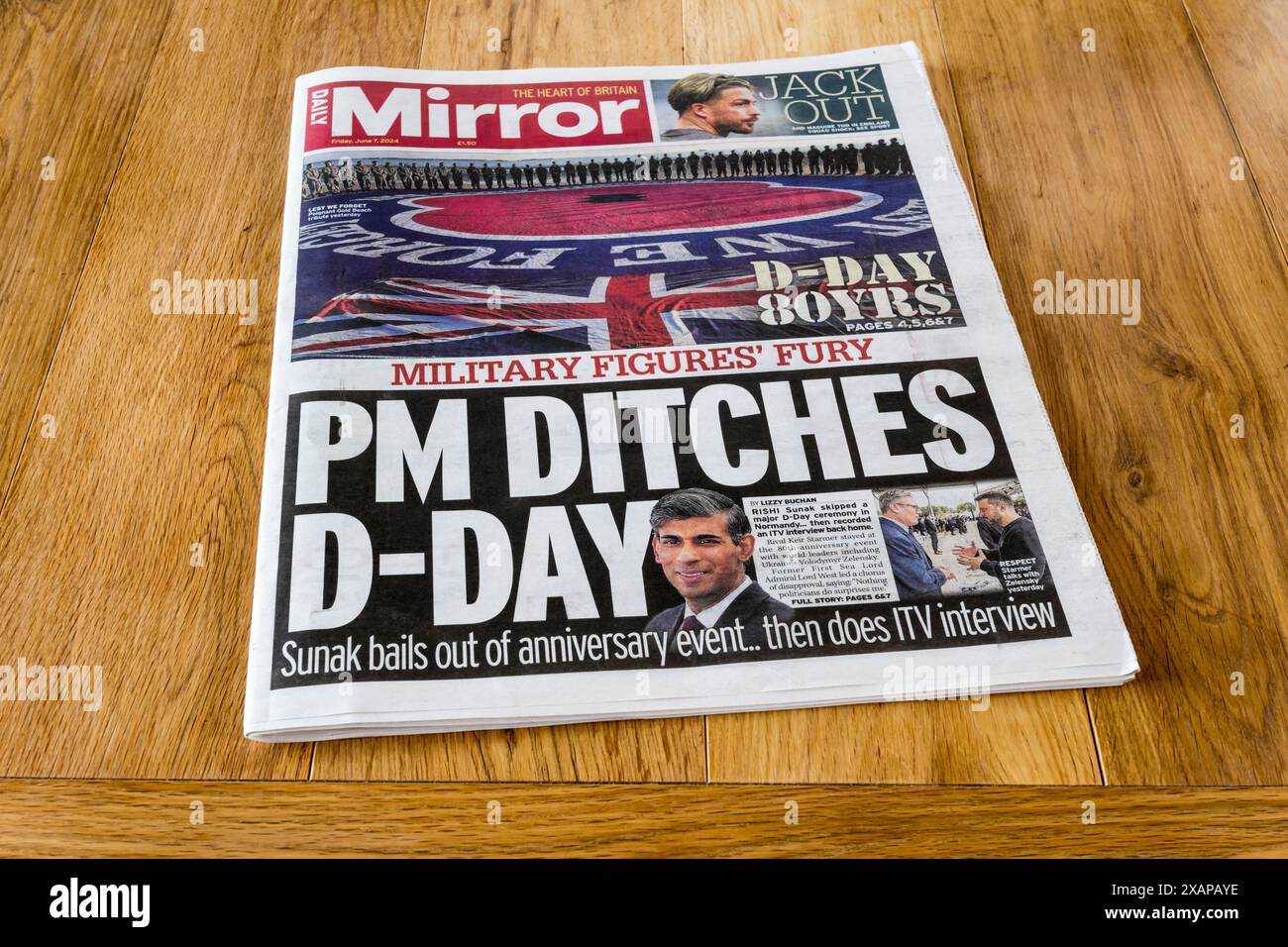 7 giugno 2024. Il titolo della prima pagina in Daily Mirror è il giorno del D-Day dei fossati di pomeriggio. Si riferisce a Rishi Sunak che parte presto dalla commemorazione del D-Day in Normandia. Foto Stock