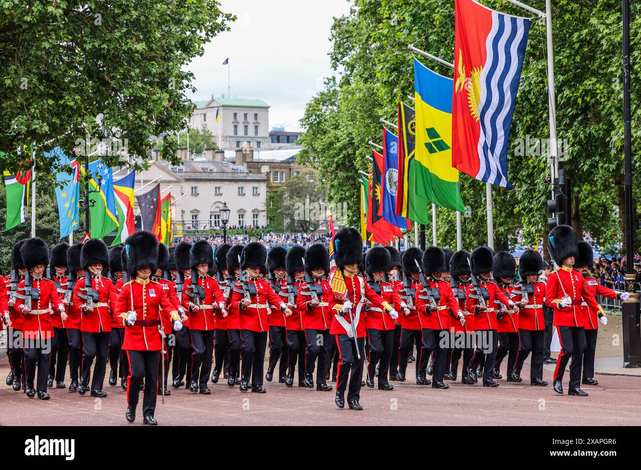 The Mall, Londra, Regno Unito. 8 giugno 2024. Le Coldstream Guards, il più antico dei reggimenti regolari in servizio continuo che provano per il trooping Color, si svolse oggi nel Mall, prima di quest'anno il primo dovere cerimoniale di re Carlo il III, programma per il 21 giugno 2024. Paul Quezada-Neiman/Alamy Live News crediti: Paul Quezada-Neiman/Alamy Live News Foto Stock