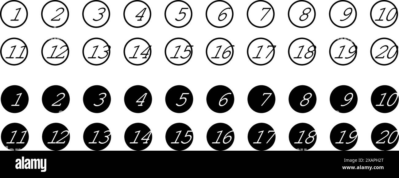 Icona punti elenco Imposta lo stile in linea, semplici numeri rotondi in stile piatto, set di 1-15 numeri simbolo nero semplice. Illustrazione Vettoriale