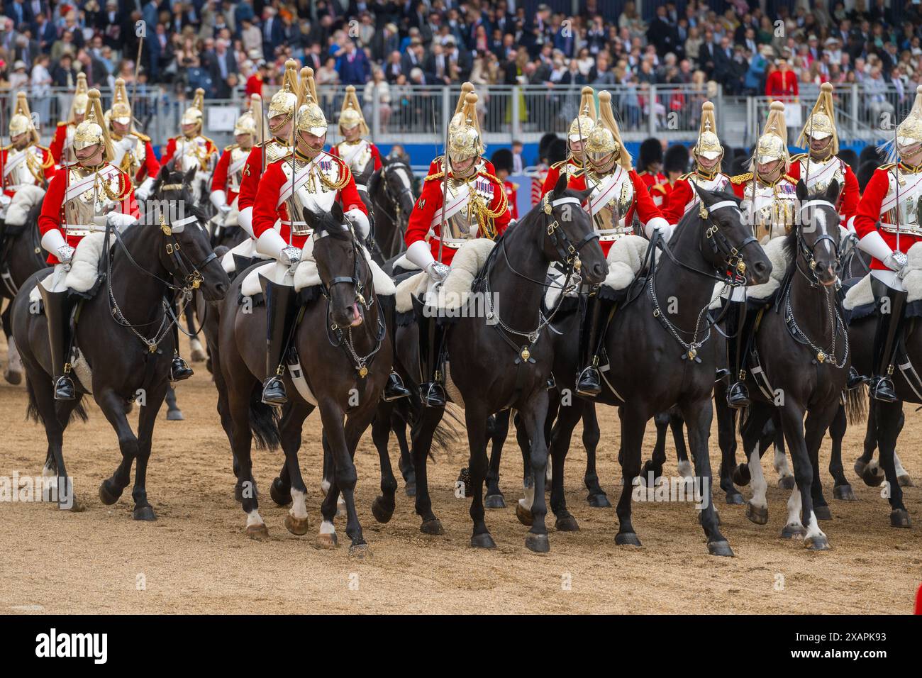 Londra, Regno Unito, 8 giugno 2024. Centinaia di cavalli militari operativi e più di mille soldati a doppio ruolo della Household Division dell’esercito britannico prendono parte alla rivista del colonnello alla parata di Horseguard. Questo evento è l'ultima parata prima della parata del compleanno del re. Crediti: A.A. Gill/Alamy Live News Foto Stock