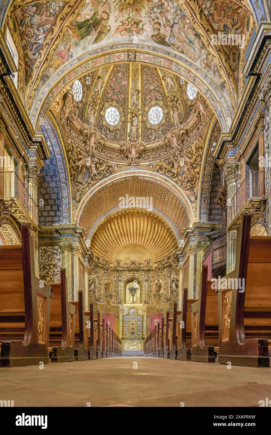 Altare e pala d'altare dei Misteri del Rosario di Nicolas Borras, XVI secolo nella chiesa della scuola convento di Santo Domingo de Orihuela. Foto Stock