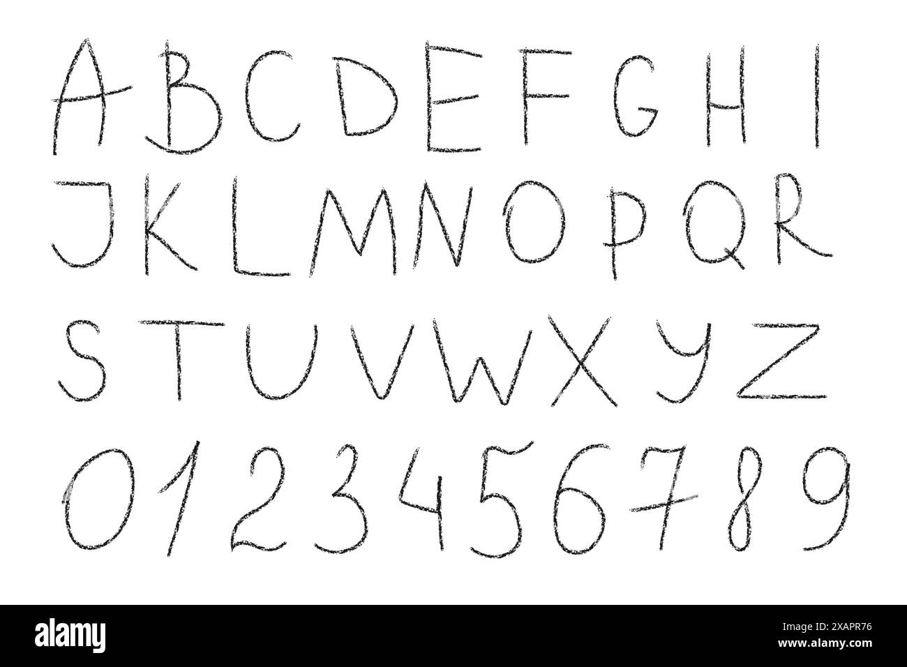 Disegnare con una matita di carbone o cera su un foglio bianco. Disegni a mano. Alfabeto, lettere, numeri. Illustrazione Vettoriale