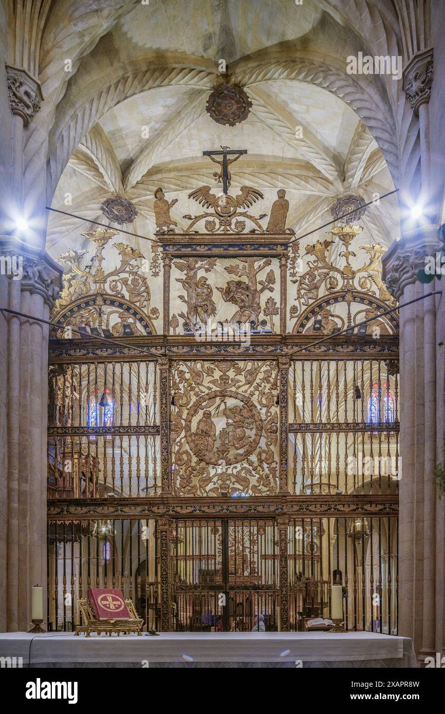 Griglia della pala d'altare in ferro battuto del XVI e XVII secolo della cappella principale della cattedrale della città di Orihuela, Alicante, Alacant, Spagna. Foto Stock