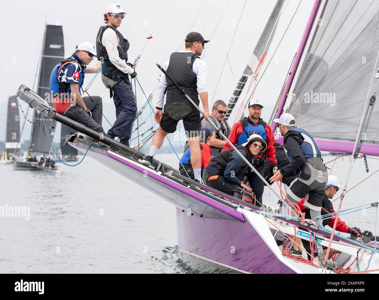 Ginevra Svizzera, 06/08/2024: Carondimonio saltato da Gauvain Ramseier poco prima dell'orario di partenza della regata di Ginevra-Rolle-Ginevra. La regata Ginevra-Rolle-Ginevra, la più importante prima del Bol D'Or Mirabaud, si svolse nel lago di Ginevra. (Foto di Patrick Dancel/Alamy Foto Stock