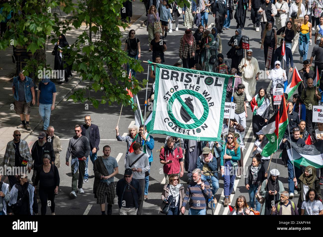 Londra, Regno Unito. 8 giugno 2024. Sostenitori pro Palestina in una dimostrazione nazionale per Gaza in marcia da Russell Square a una manifestazione in Piazza del Parlamento che chiede un cessate il fuoco immediato, la fine delle vendite di armi a Israele e la fine delle ostilità a Gaza. Crediti: Stephen Chung / Alamy Live News Foto Stock