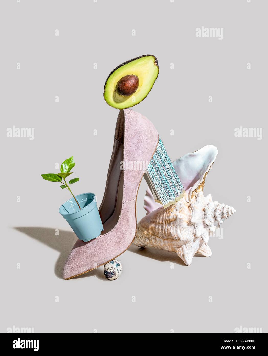 Un'opera d'arte surreale caratterizzata da una scarpa con tacco alto ornata da avocado, conchiglia e piccola pianta su sfondo grigio Foto Stock