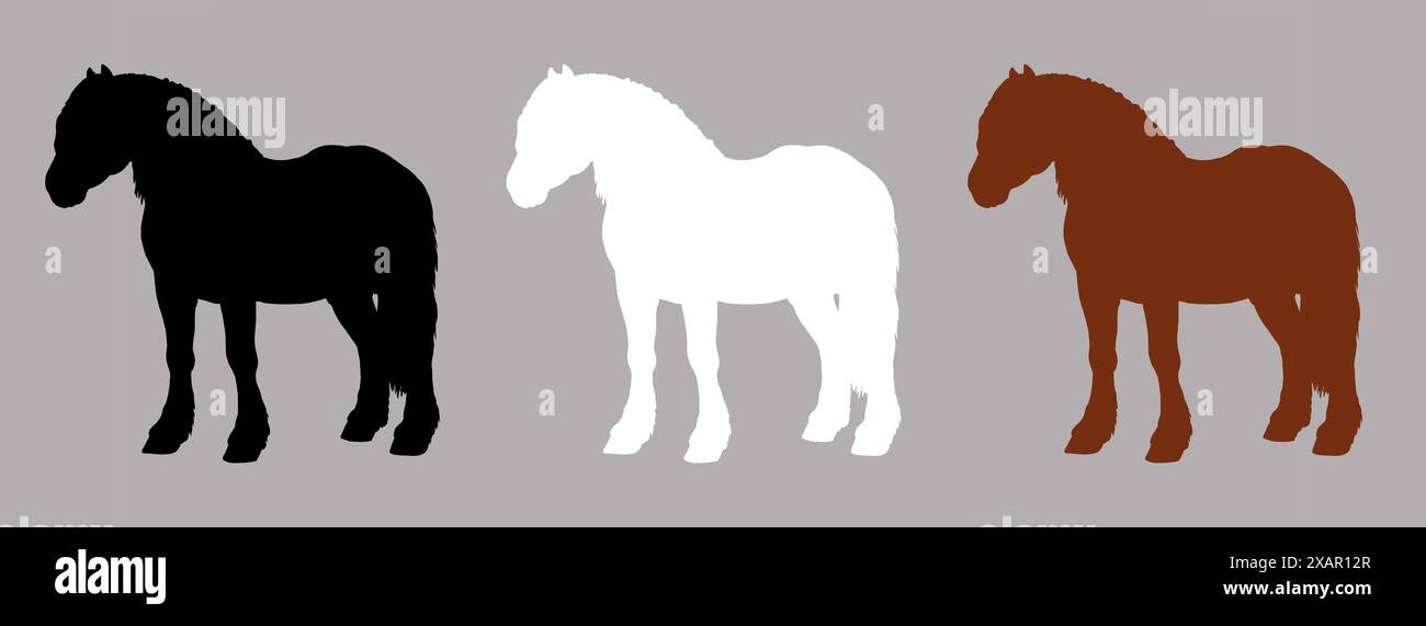 Silhouette nera, bianca e marrone del cavallo da tiro. Disegno equino. Foto Stock