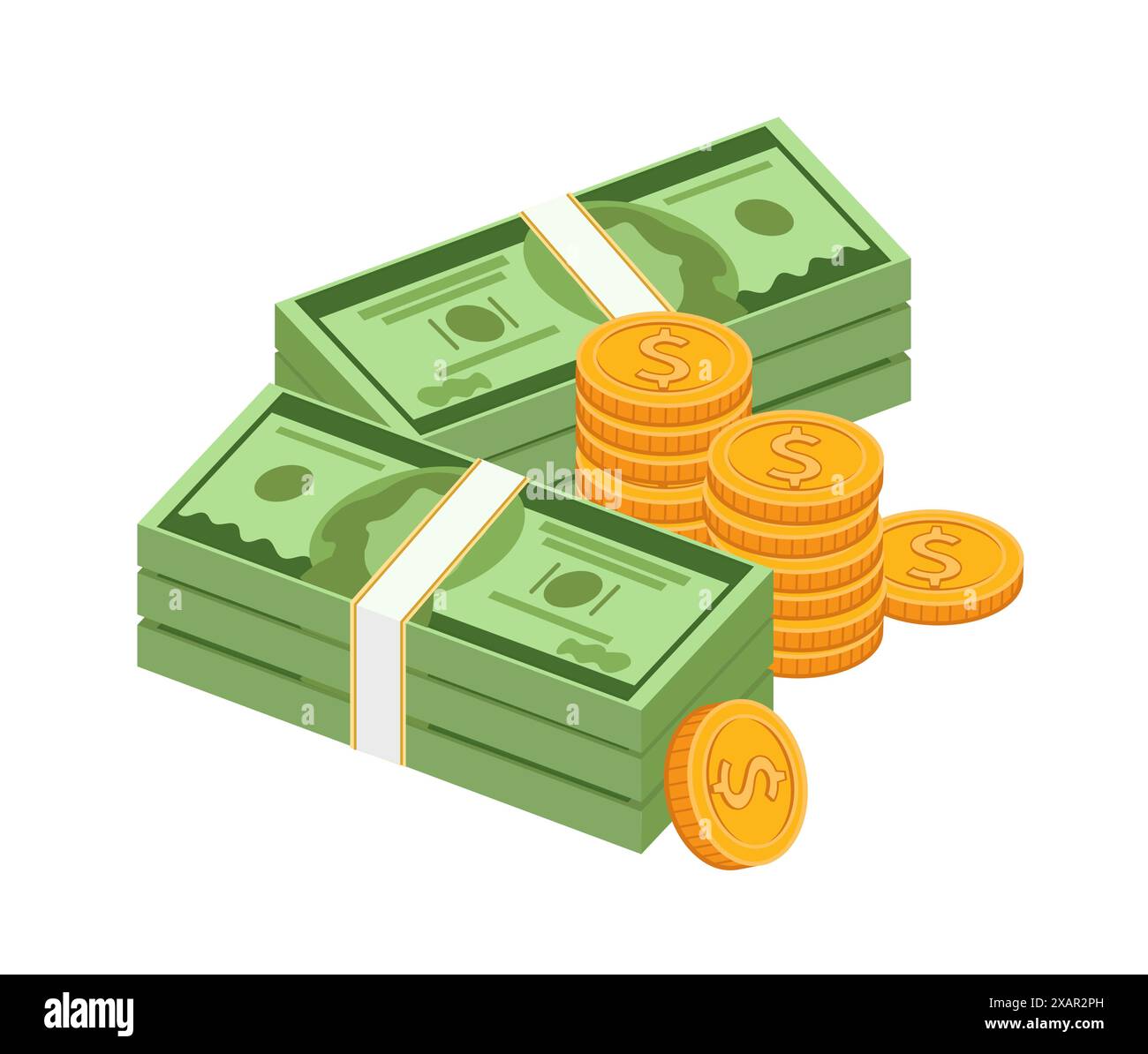 Banconote e monete in cartone animato. Pacchetti, pacchetti, pile e pile di banconote da un dollaro verde. Banconote volanti e monete d'oro cadenti. Illustrazione Vettoriale