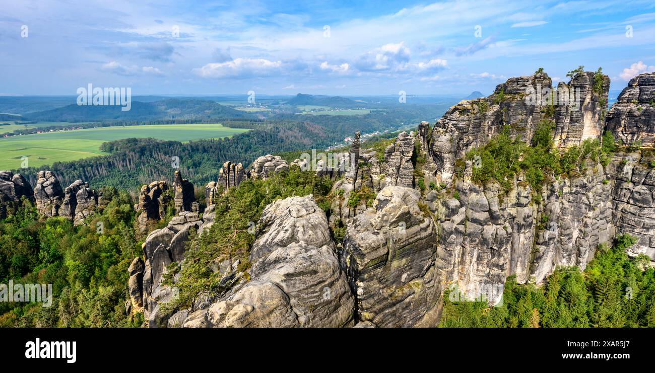 Le Schrammsteine Rocks della Svizzera sassone, Bad Schandau, Germania Foto Stock